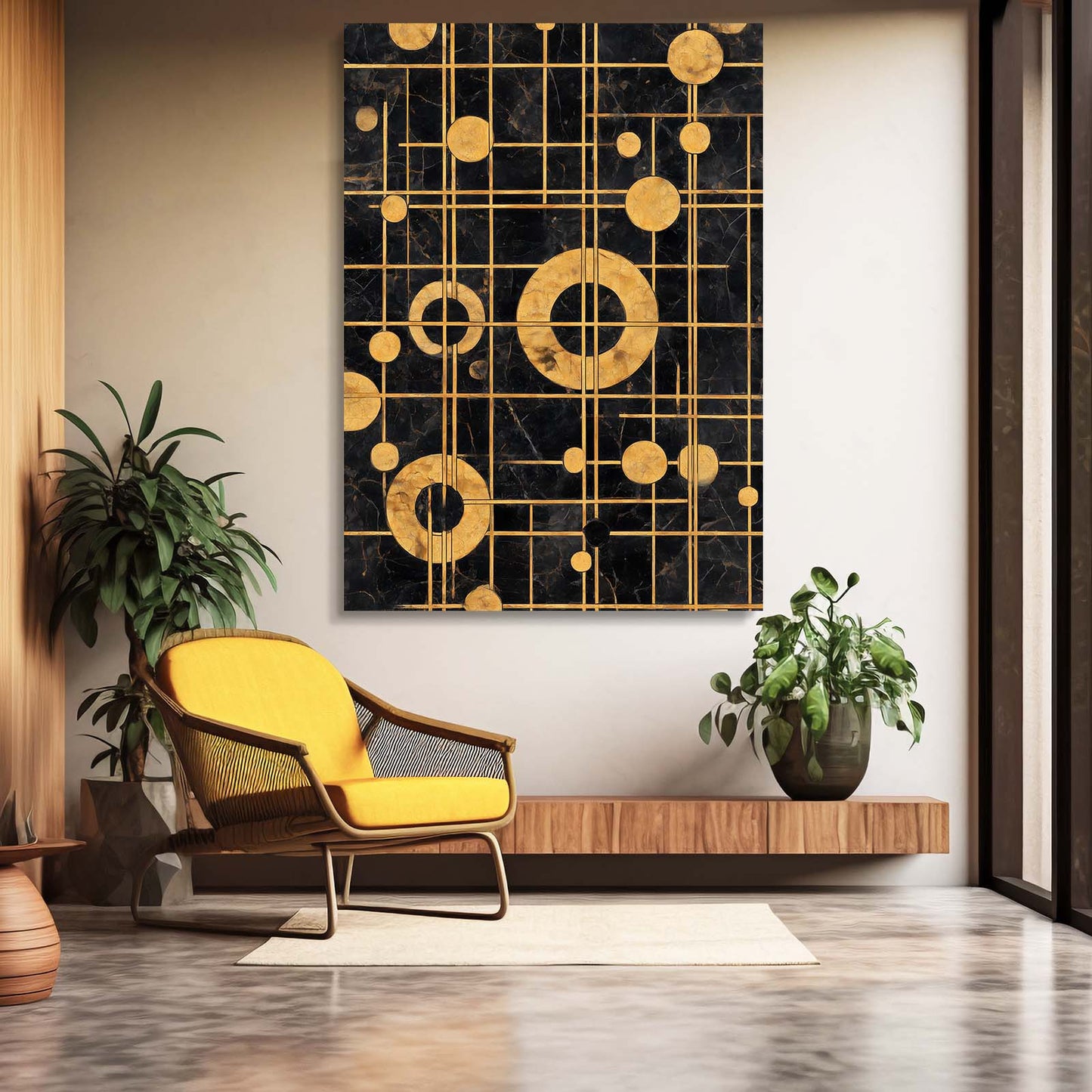 Gold Orbit Grid Wall Decor – styled in a furnished interior