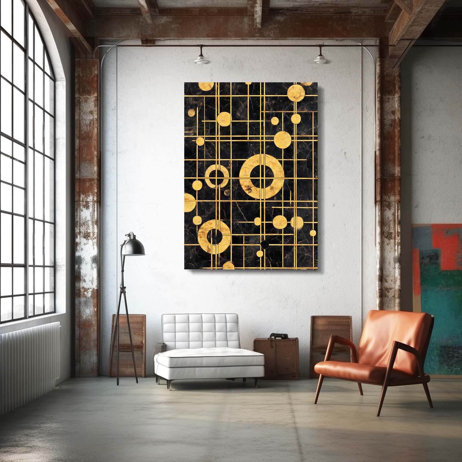 Gold Orbit Grid Wall Decor – styled in a furnished interior