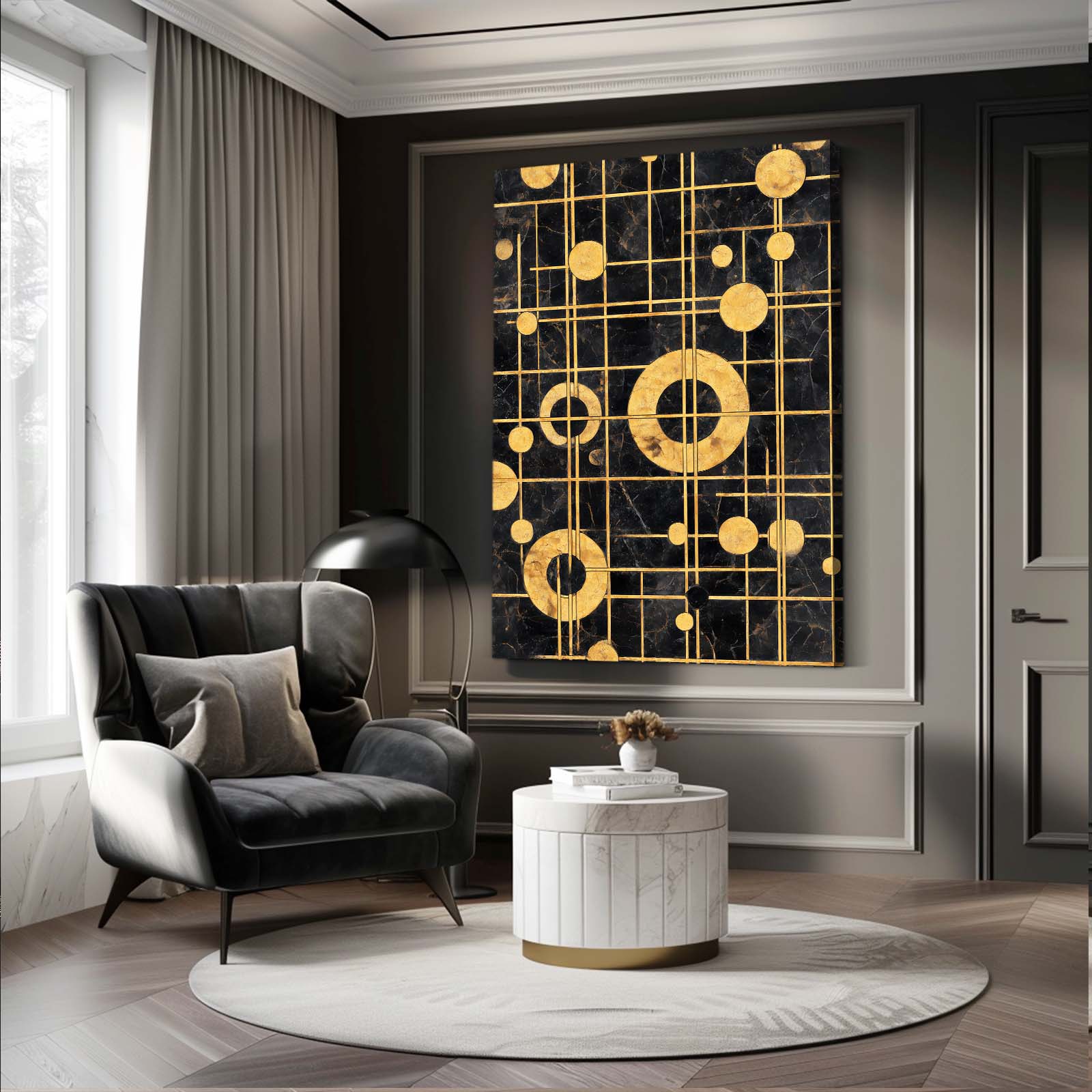 Gold Orbit Grid Wall Decor – styled in a furnished interior