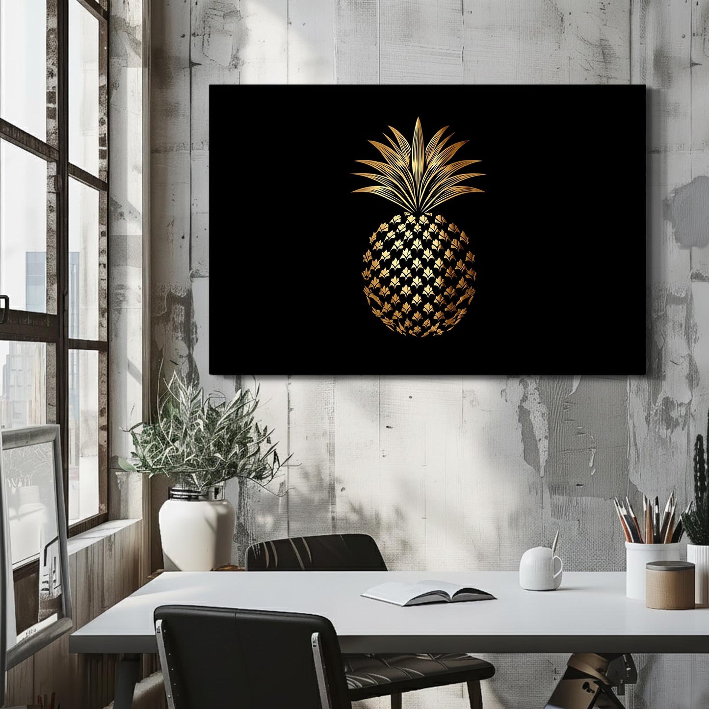 Gold Pineapple Black Fruit Art – with Premium Black frame on white background