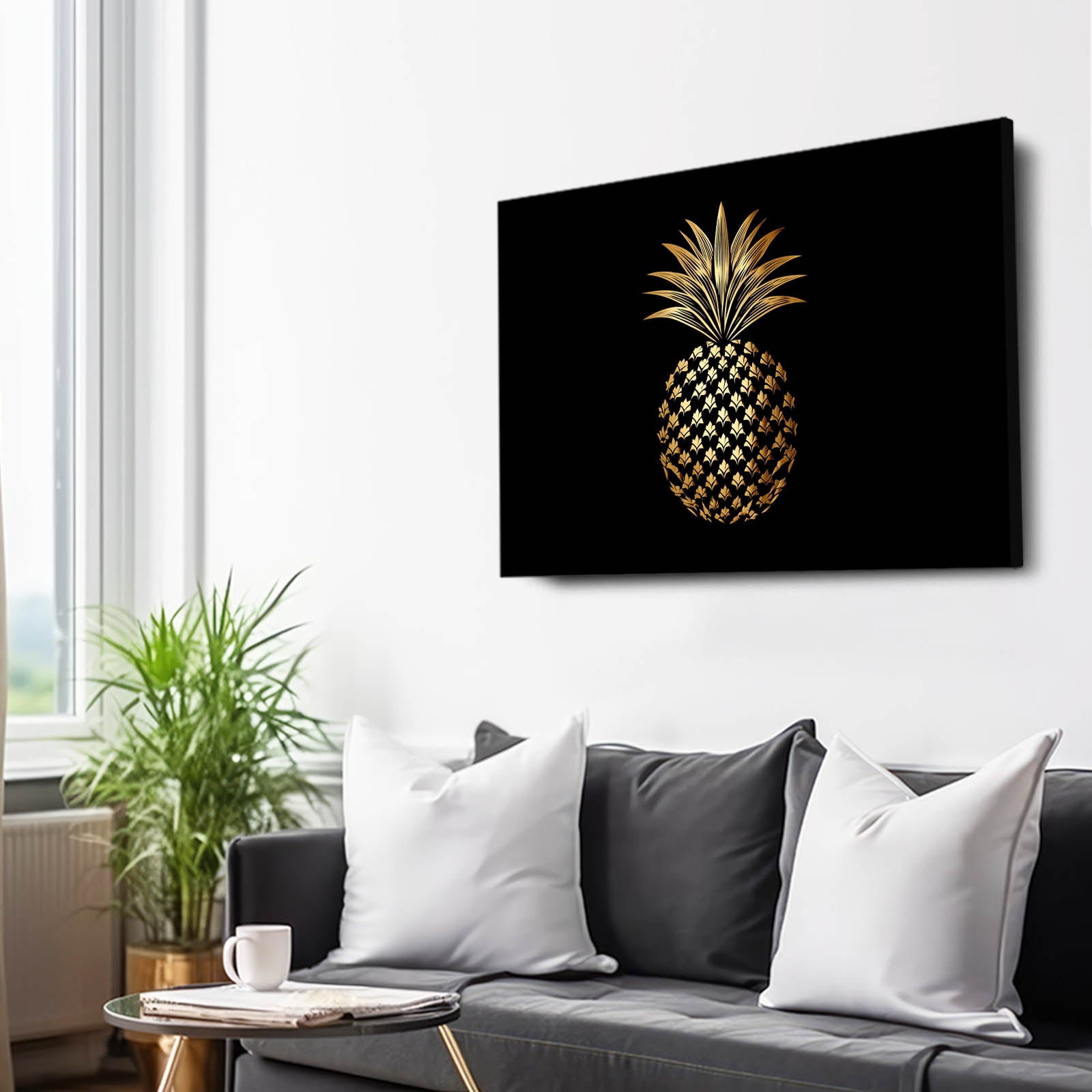 Gold Pineapple Black Fruit Art – styled in a furnished interior