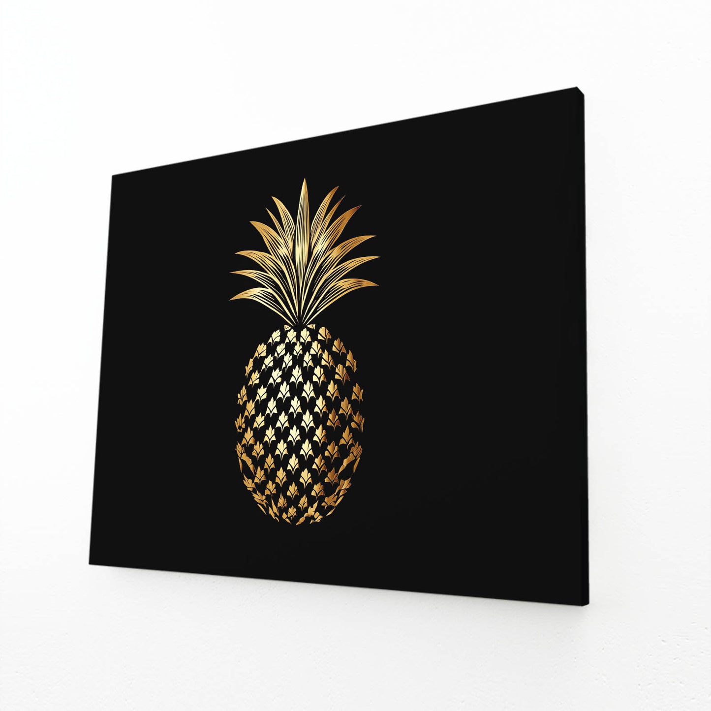Gold Pineapple Black Fruit Art – angled canvas view on white background