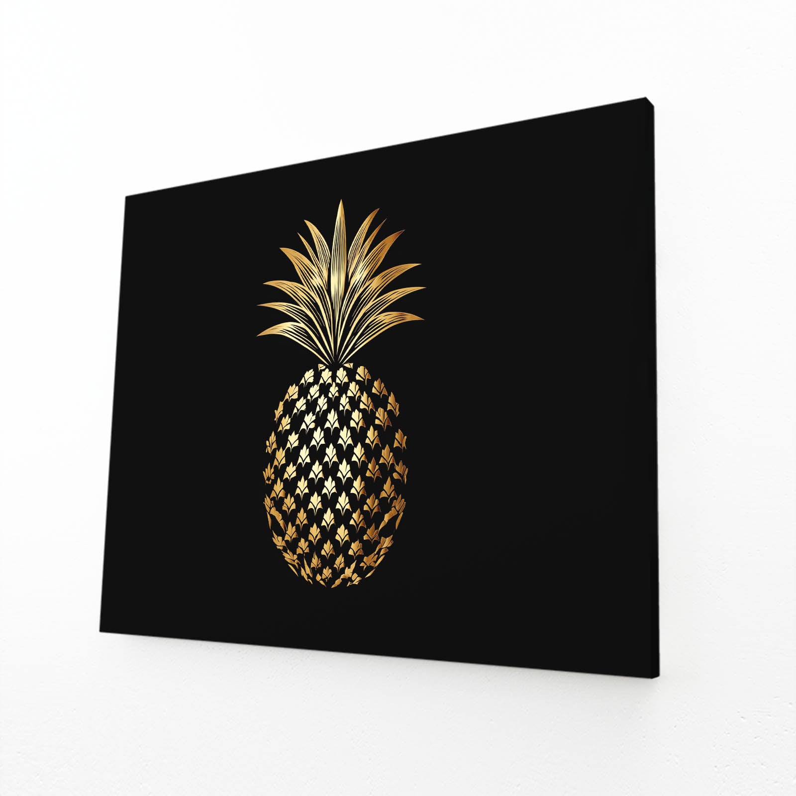 Gold Pineapple Black Fruit Art – angled canvas view on white background