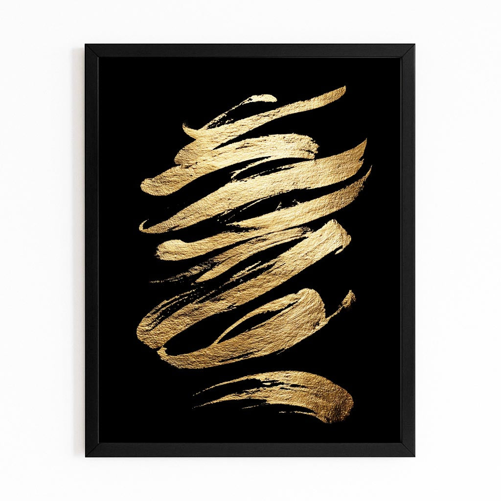 Gold Ribbon Strokes Wall Art – with Premium Black frame on white background
