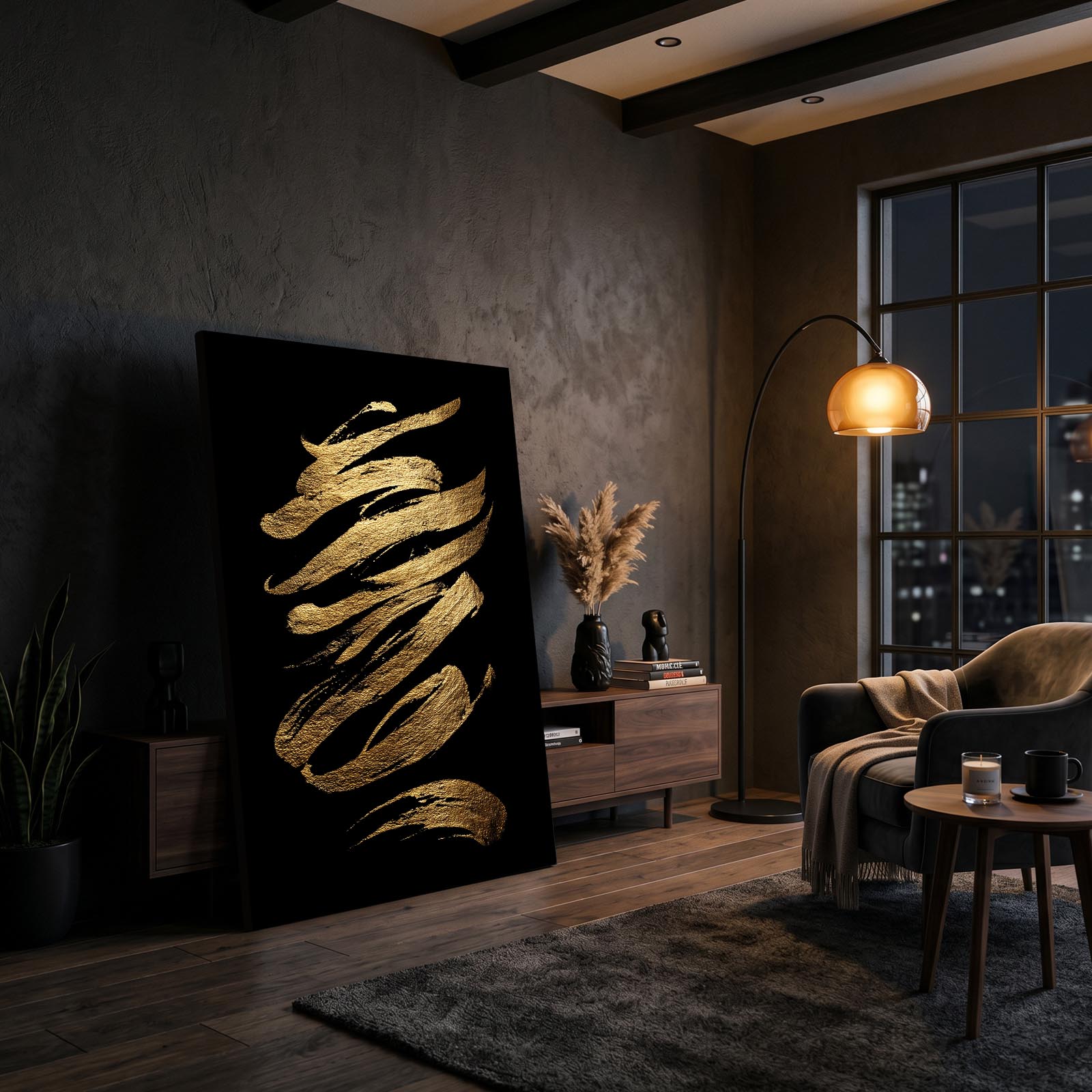 Gold Ribbon Strokes Wall Art – styled in a furnished interior