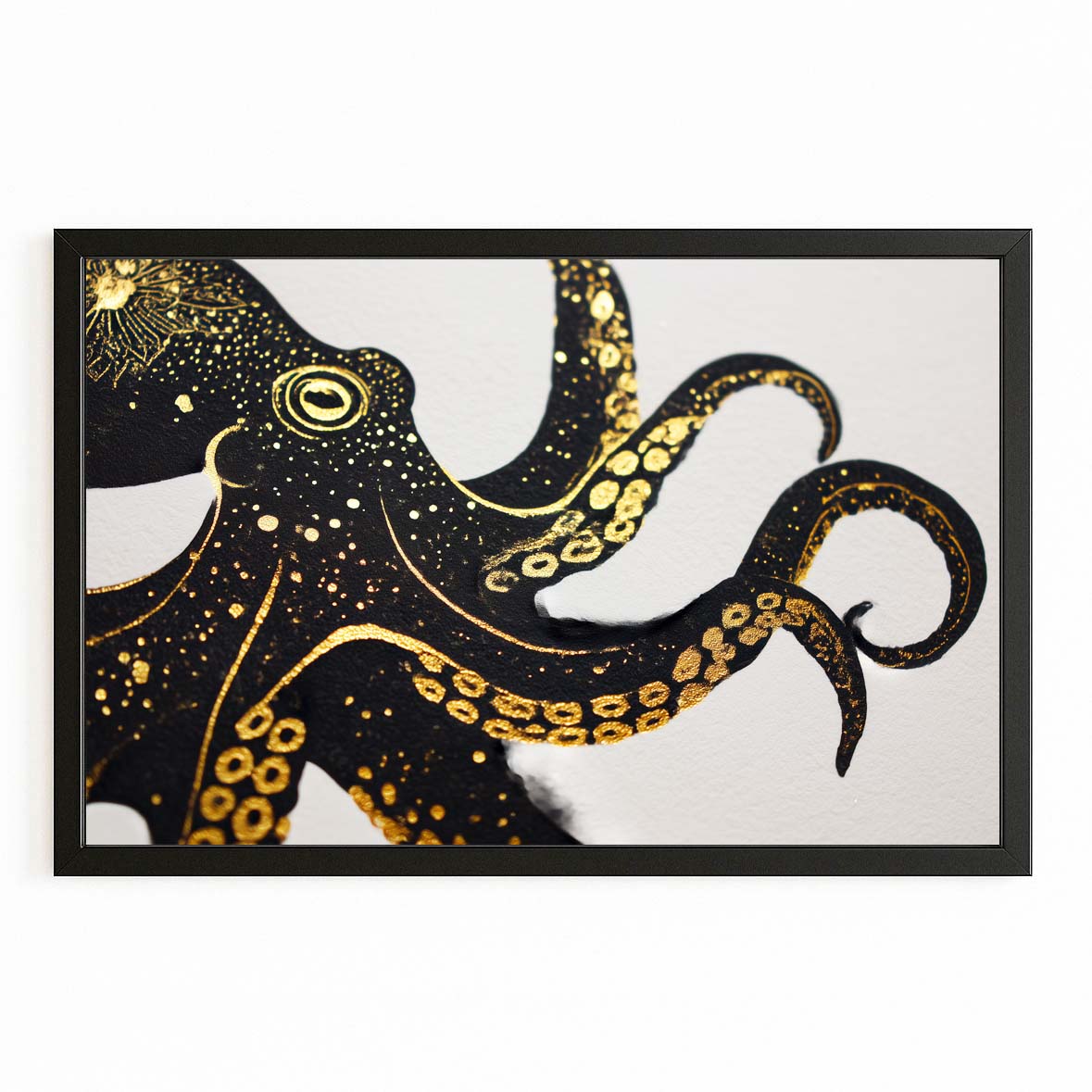 Gold Speckle Curl Octopus Wall Decor – with Premium Black frame on white background