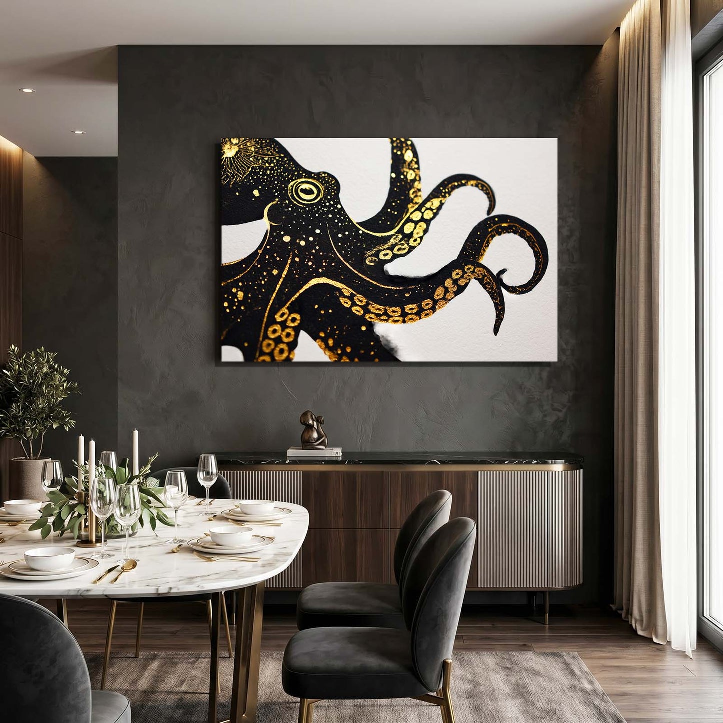 Gold Speckle Curl Octopus Wall Decor – styled in a furnished interior