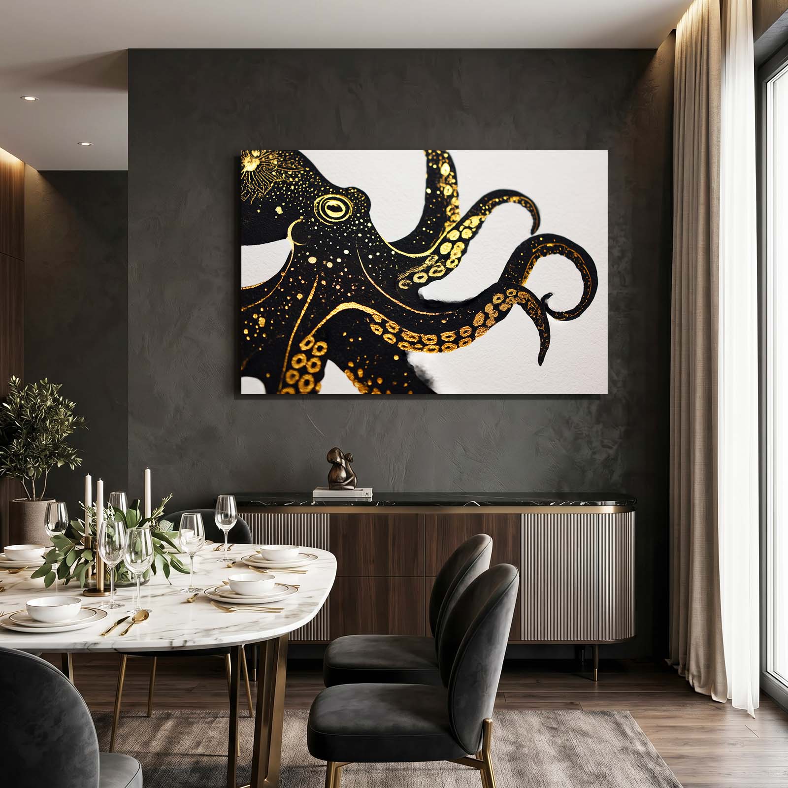 Gold Speckle Curl Octopus Wall Decor – styled in a furnished interior