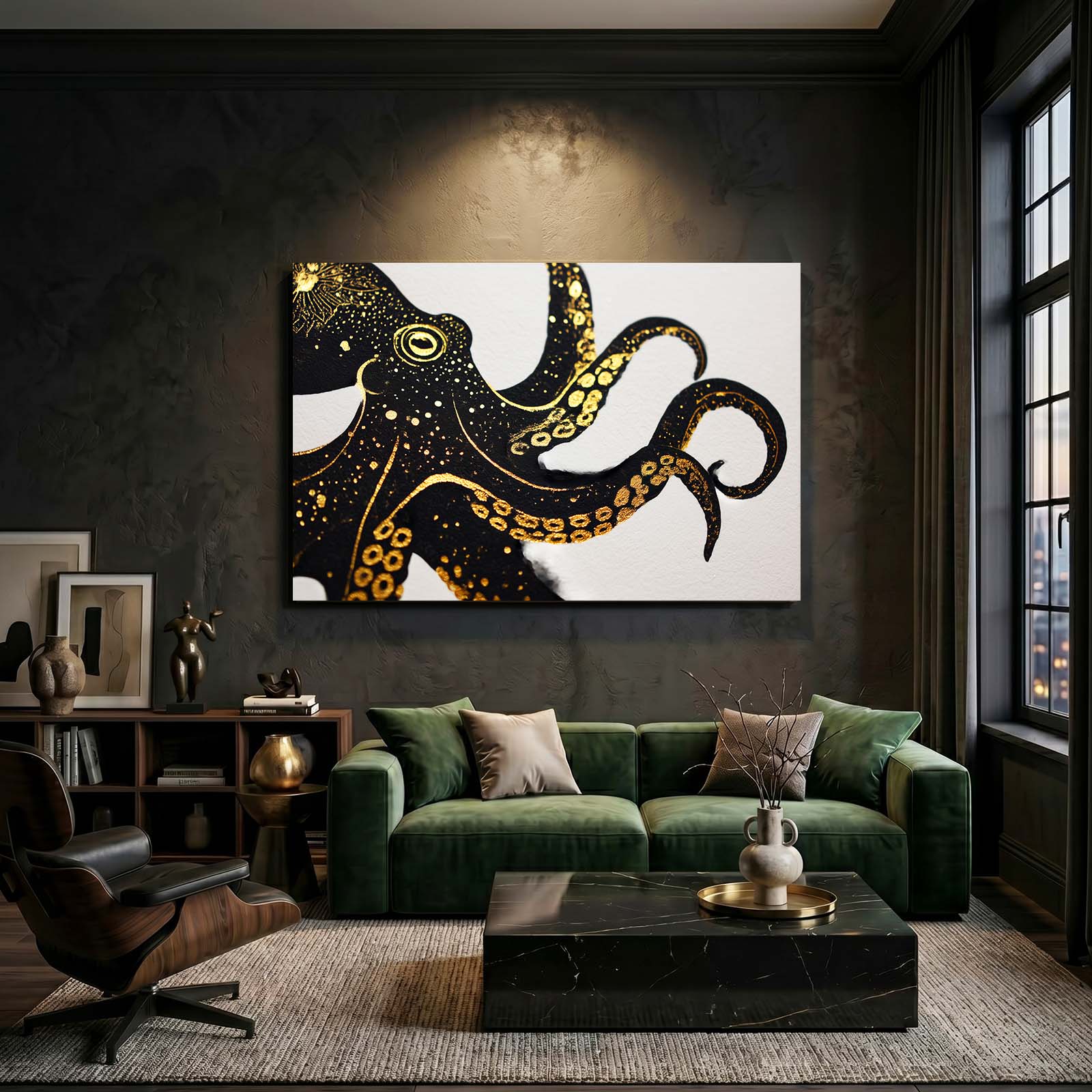 Gold Speckle Curl Octopus Wall Decor – styled in a furnished interior