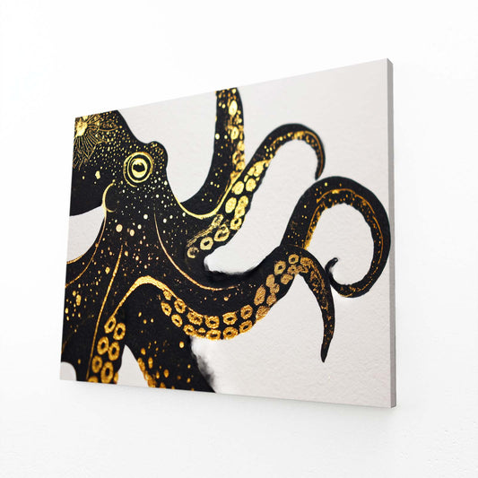 Gold Speckle Curl Octopus Wall Decor – angled canvas view on white background