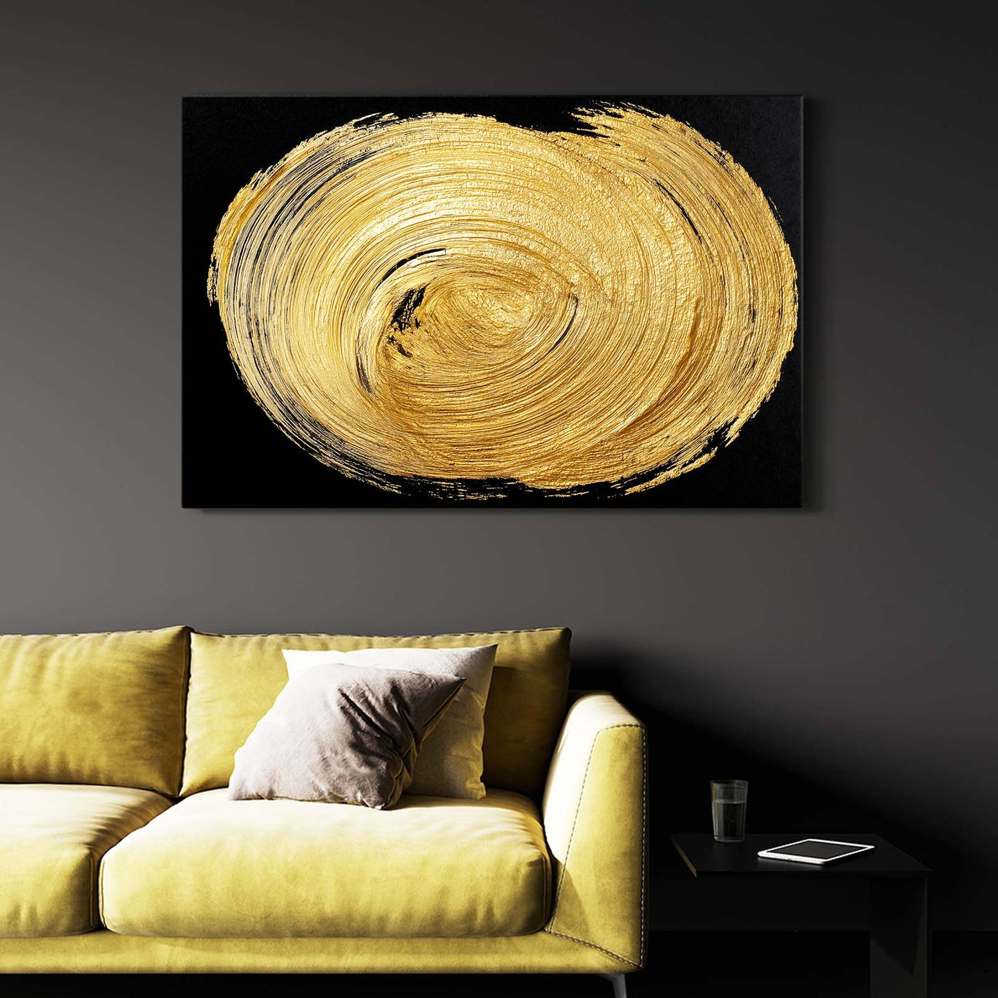 Gold Spiral Disc Canvas – styled in a furnished interior