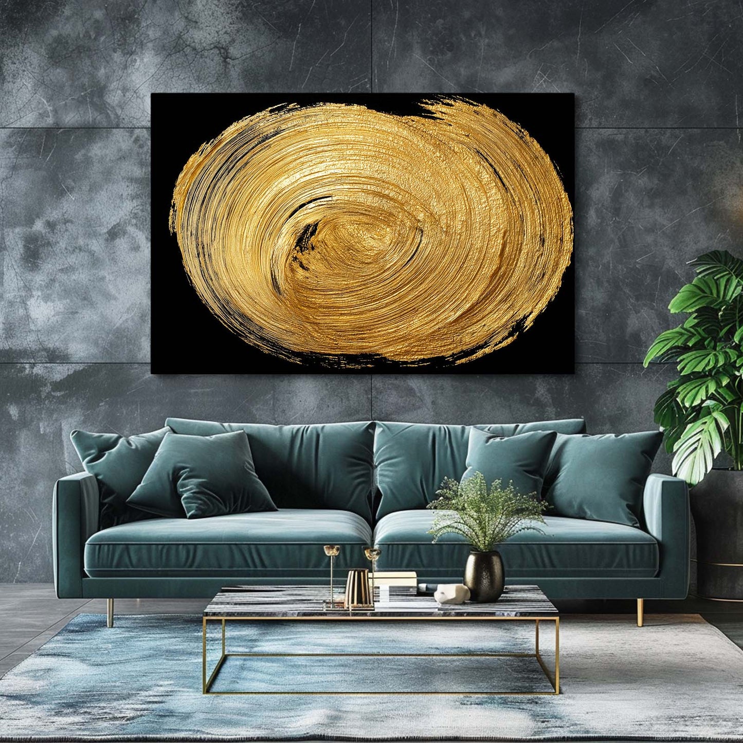 Gold Spiral Disc Canvas – styled in a furnished interior