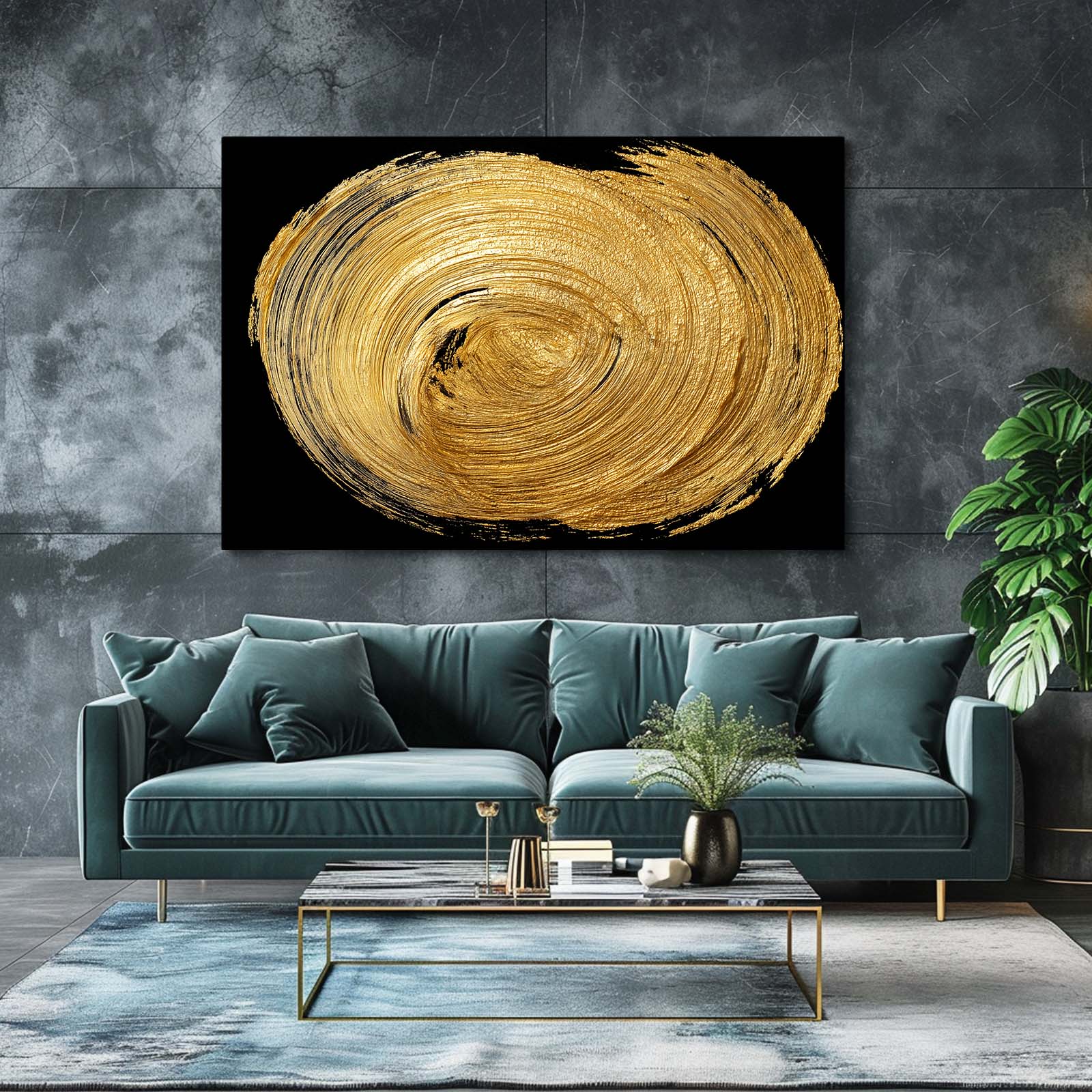 Gold Spiral Disc Canvas – styled in a furnished interior