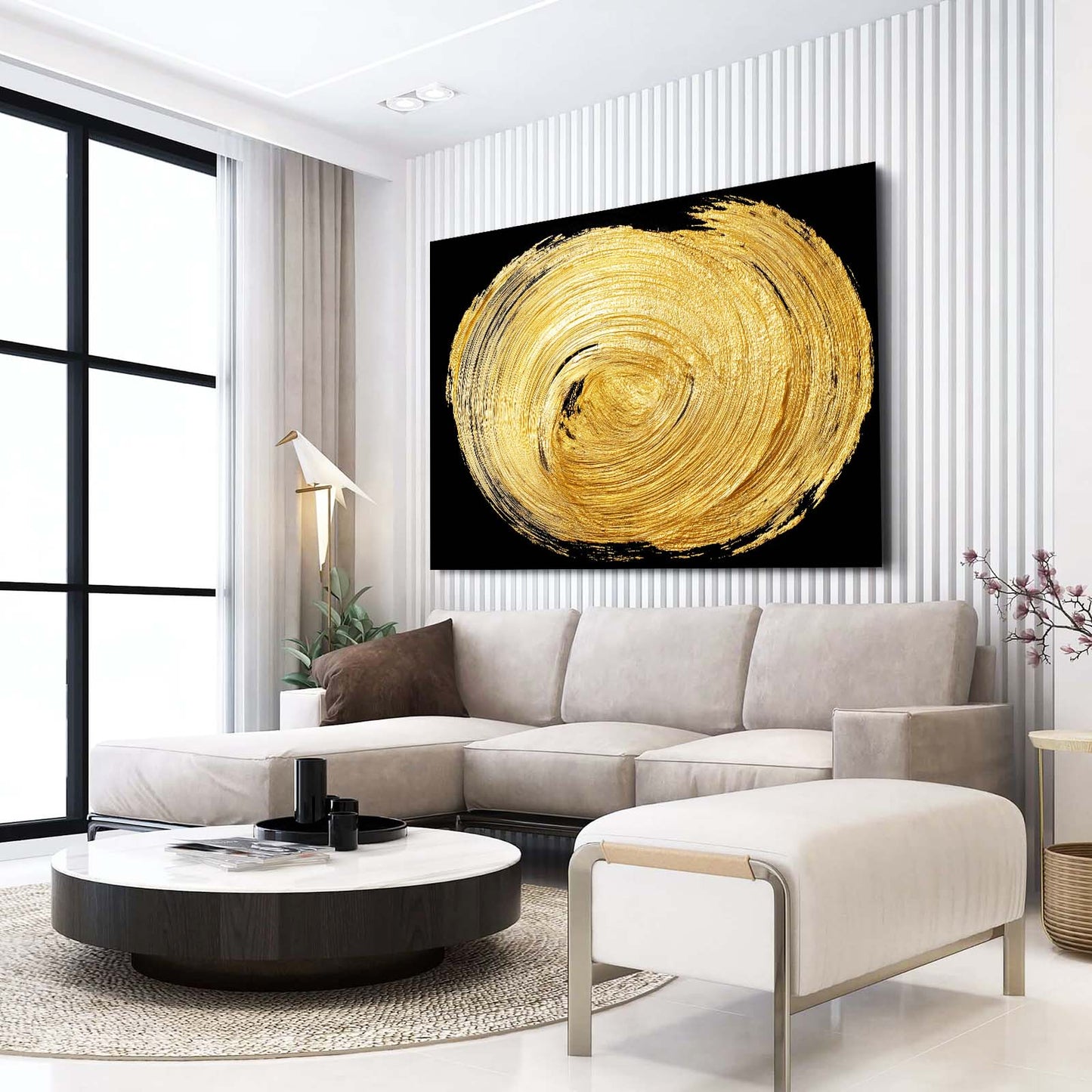 Gold Spiral Disc Canvas – styled in a furnished interior
