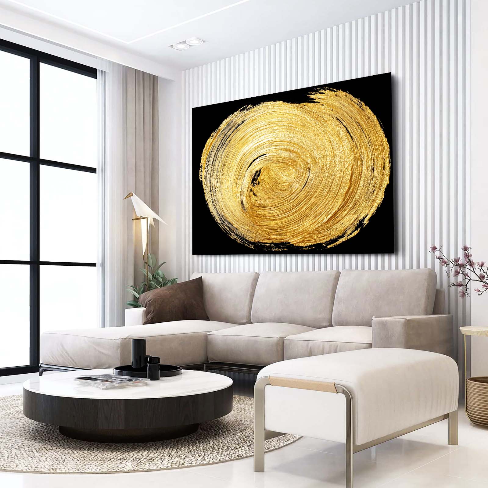 Gold Spiral Disc Canvas – styled in a furnished interior