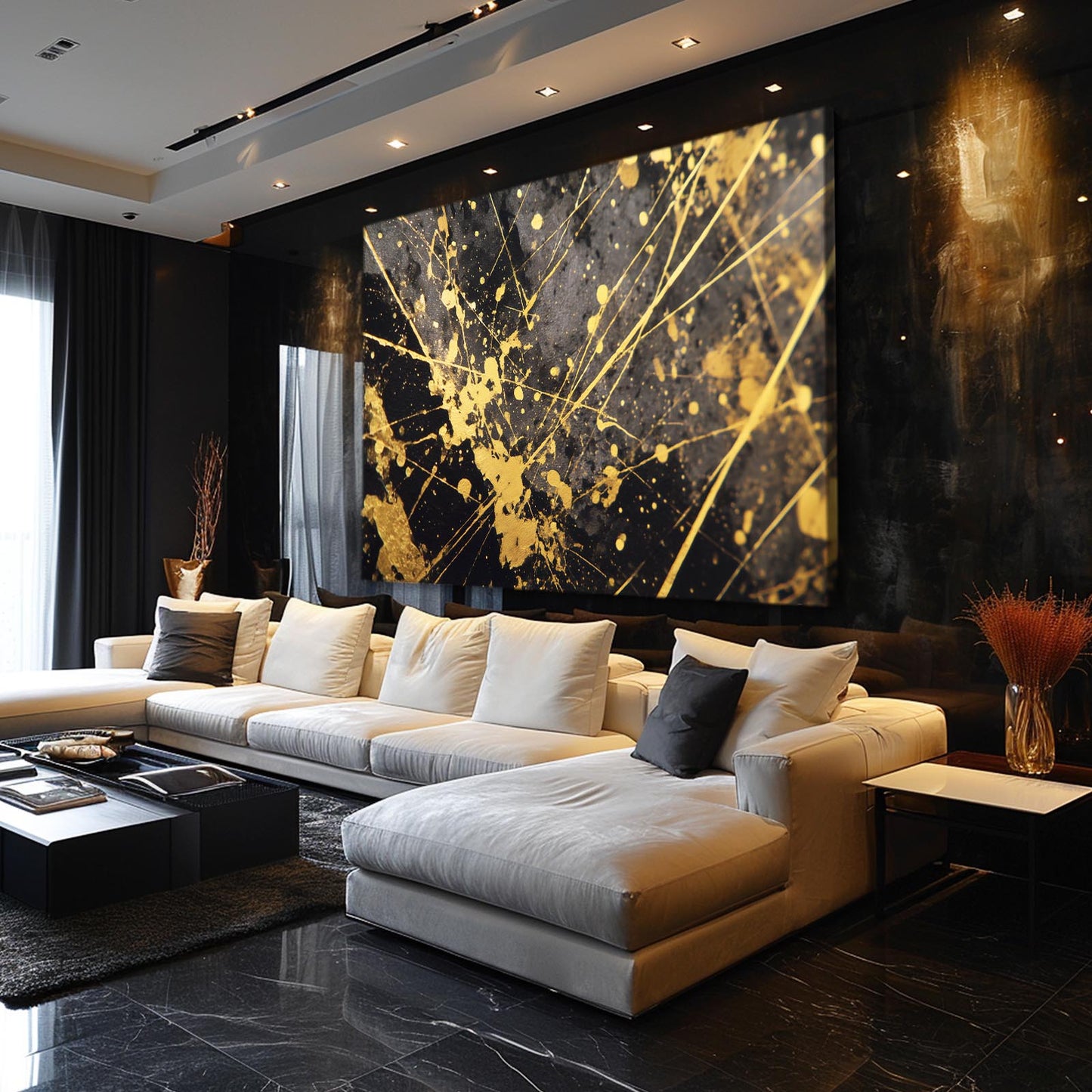 Gold Splatter Web Canvas – styled in a furnished interior