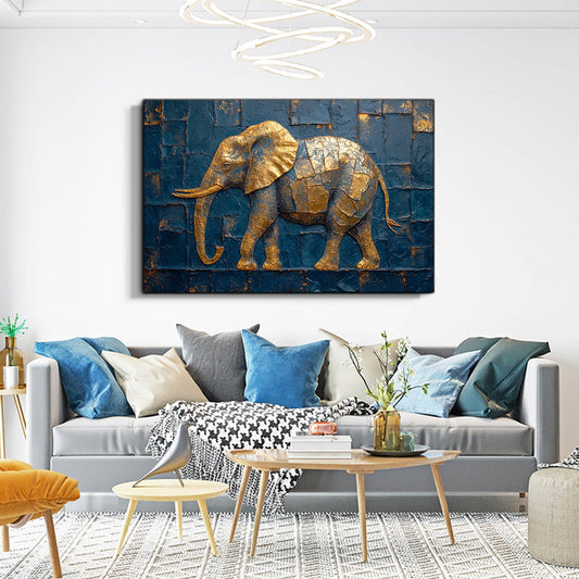 Blue And Gold Elephant Art — contemporary canvas print in blue tones, view 3