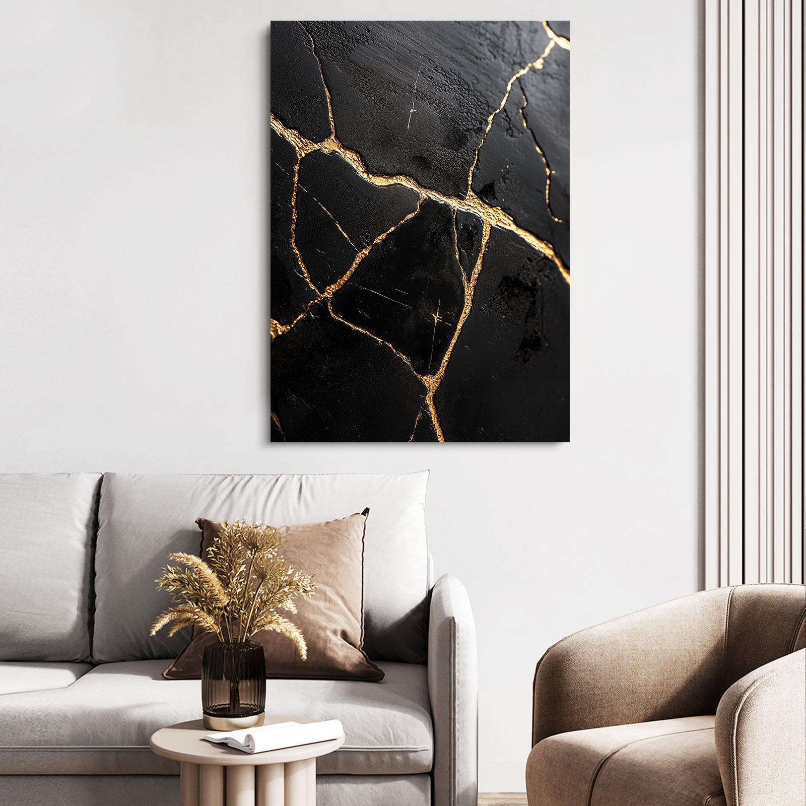 Gold Vein Black Marble Abstract Wall Art – styled in a furnished interior