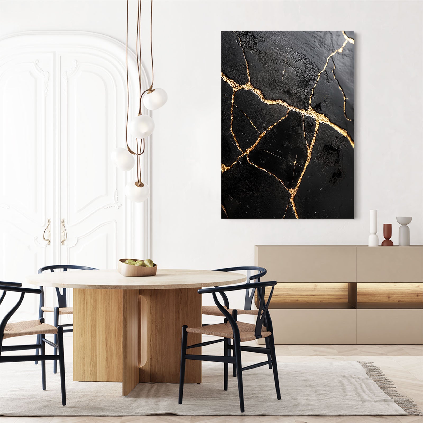 Gold Vein Black Marble Abstract Wall Art – styled in a furnished interior