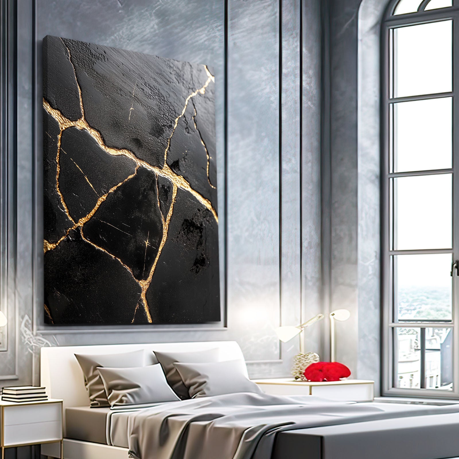 Gold Vein Black Marble Abstract Wall Art – styled in a furnished interior