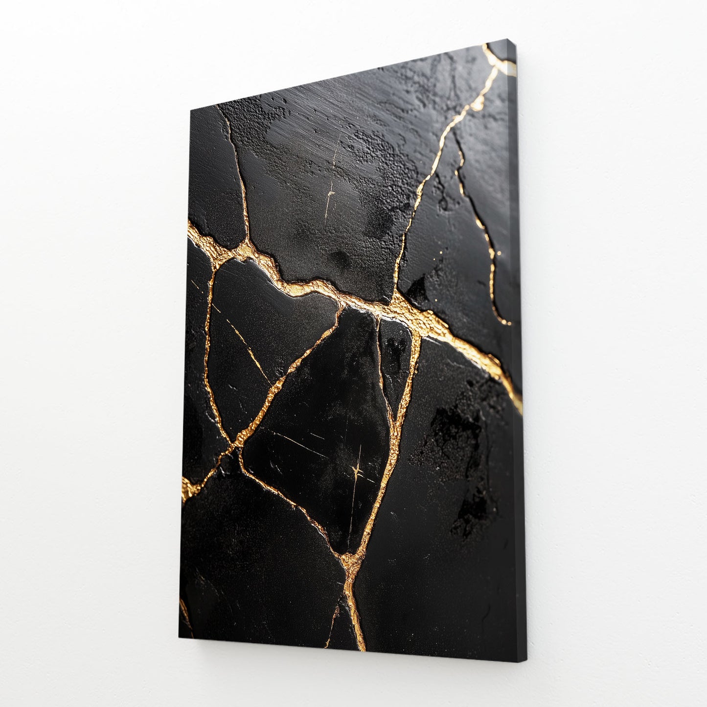 Gold Vein Black Marble Abstract Wall Art – angled canvas view on white background