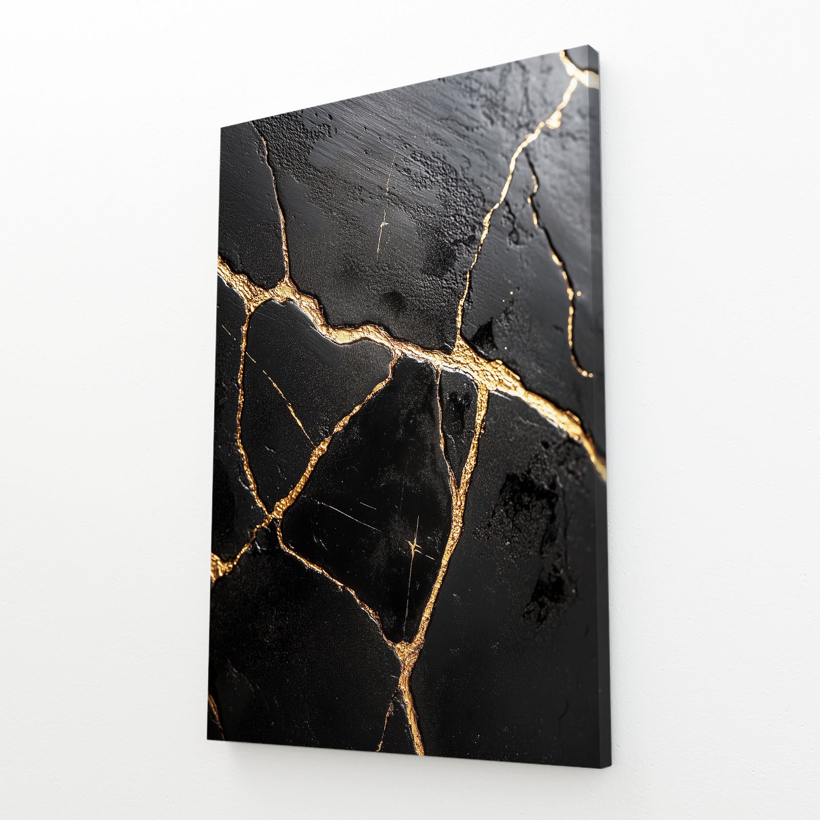 Gold Vein Black Marble Abstract Wall Art – angled canvas view on white background