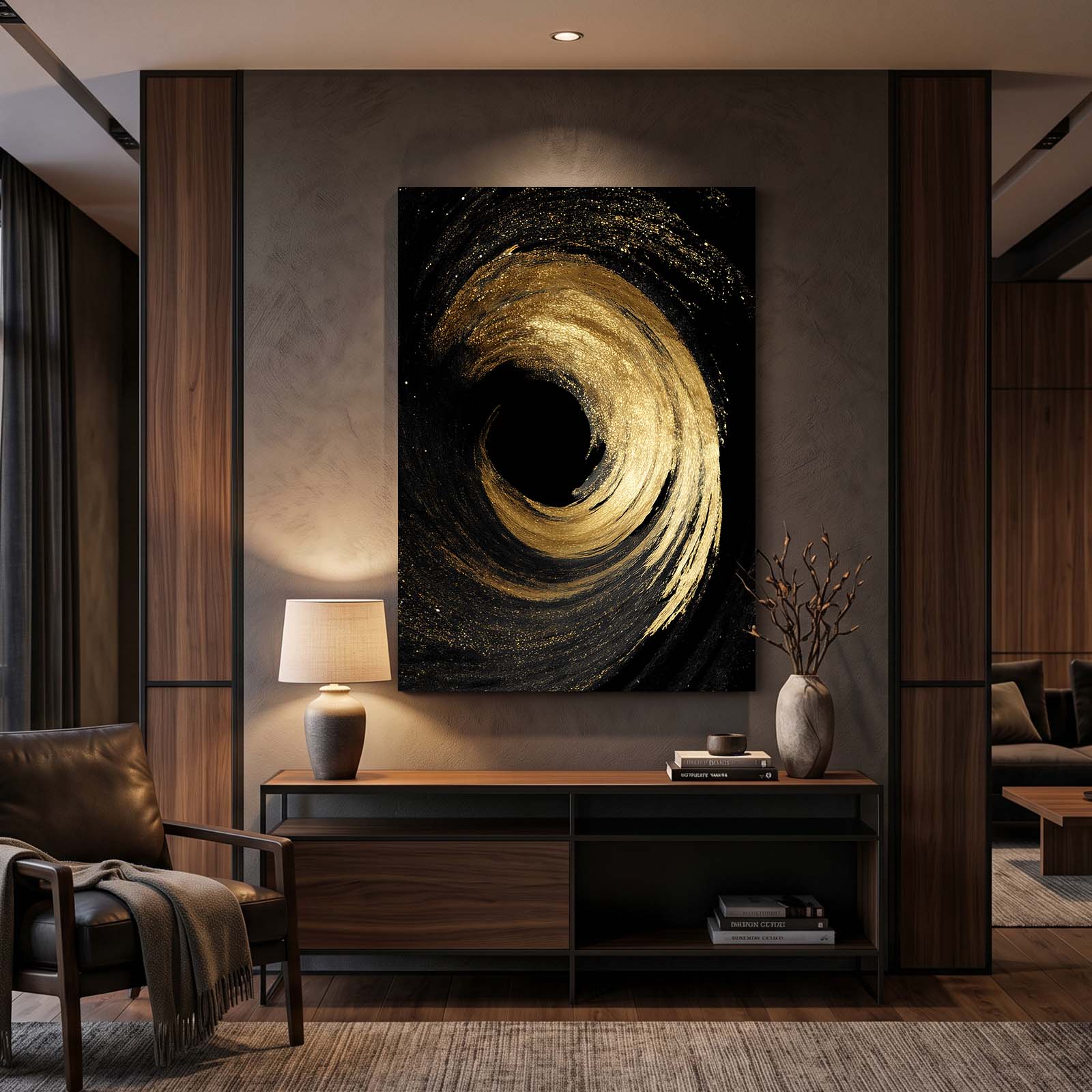Gold Vortex Swirl Art – styled in a furnished interior