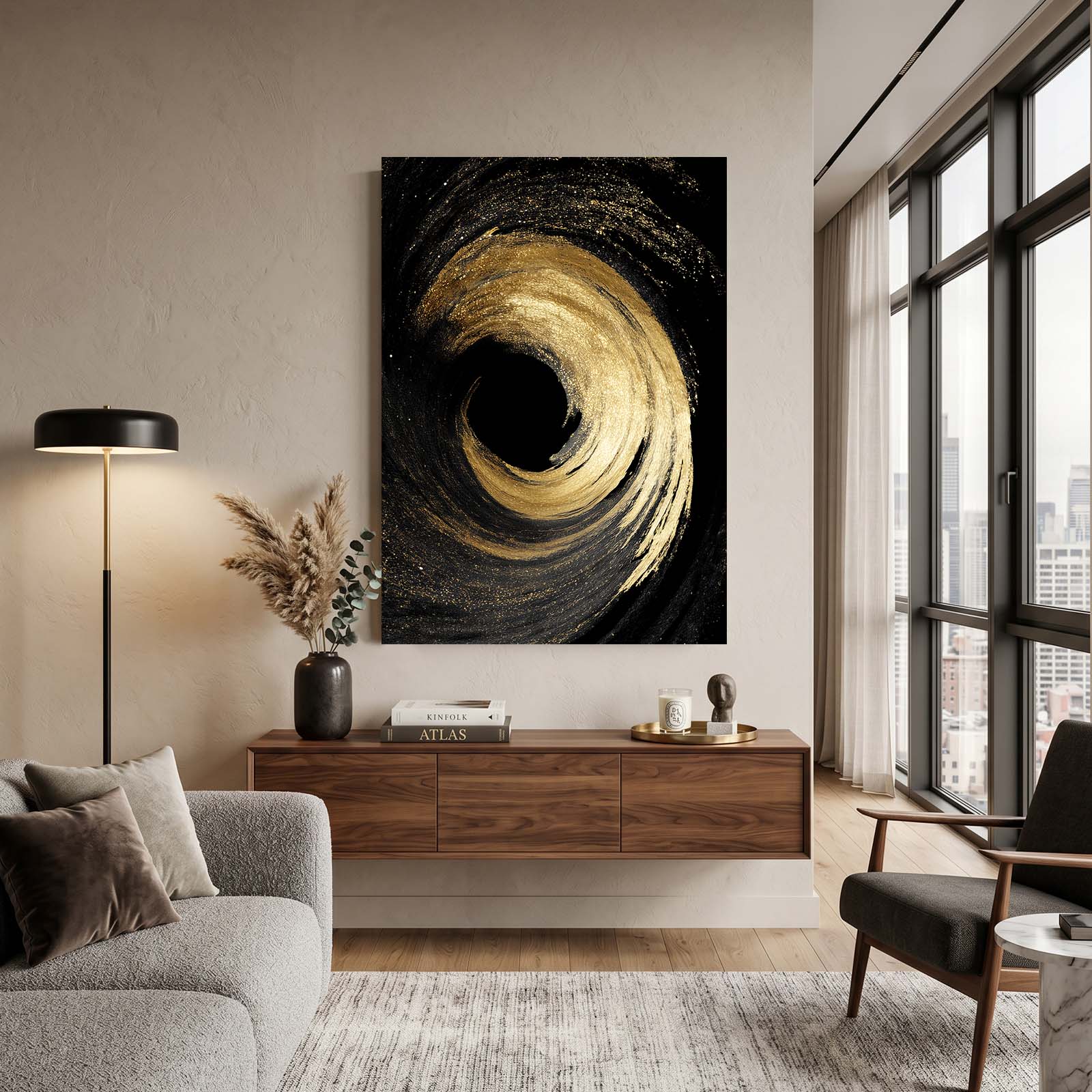 Gold Vortex Swirl Art – styled in a furnished interior