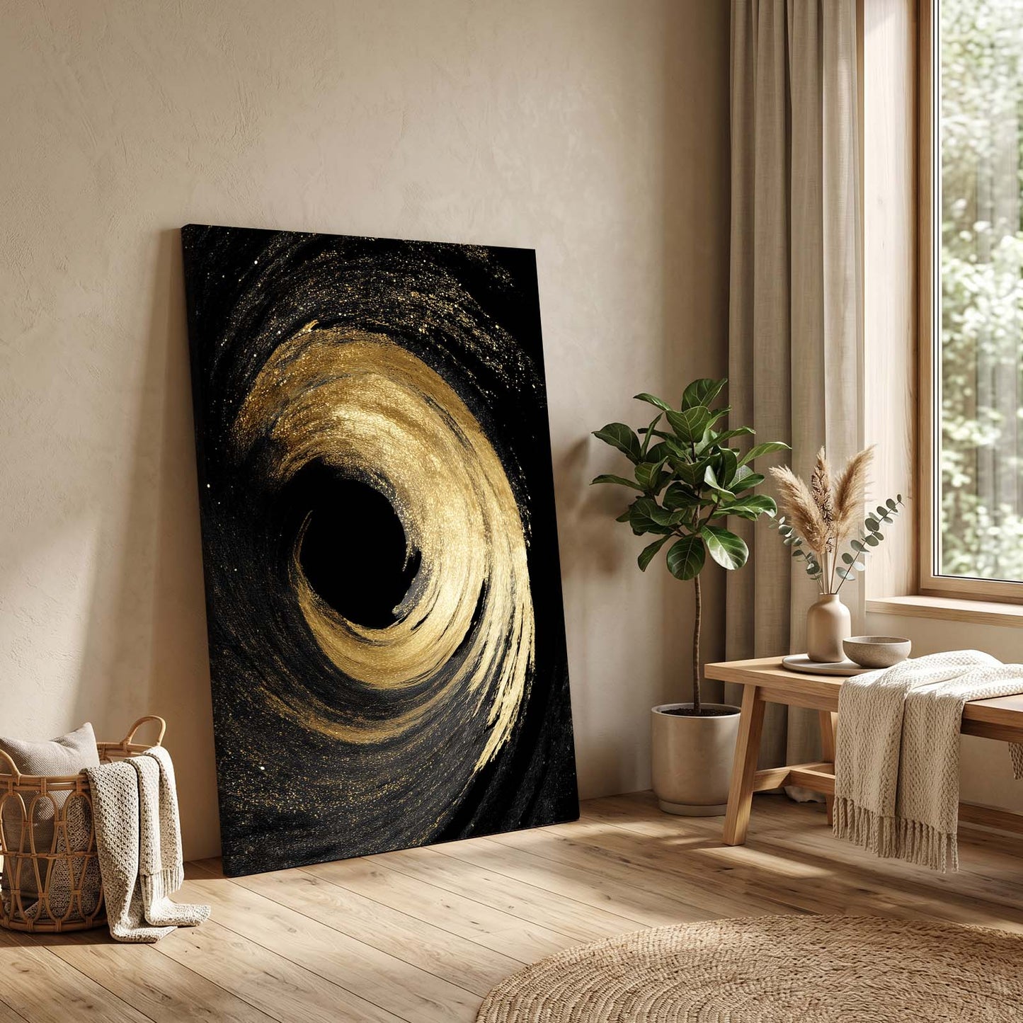 Gold Vortex Swirl Art – styled in a furnished interior
