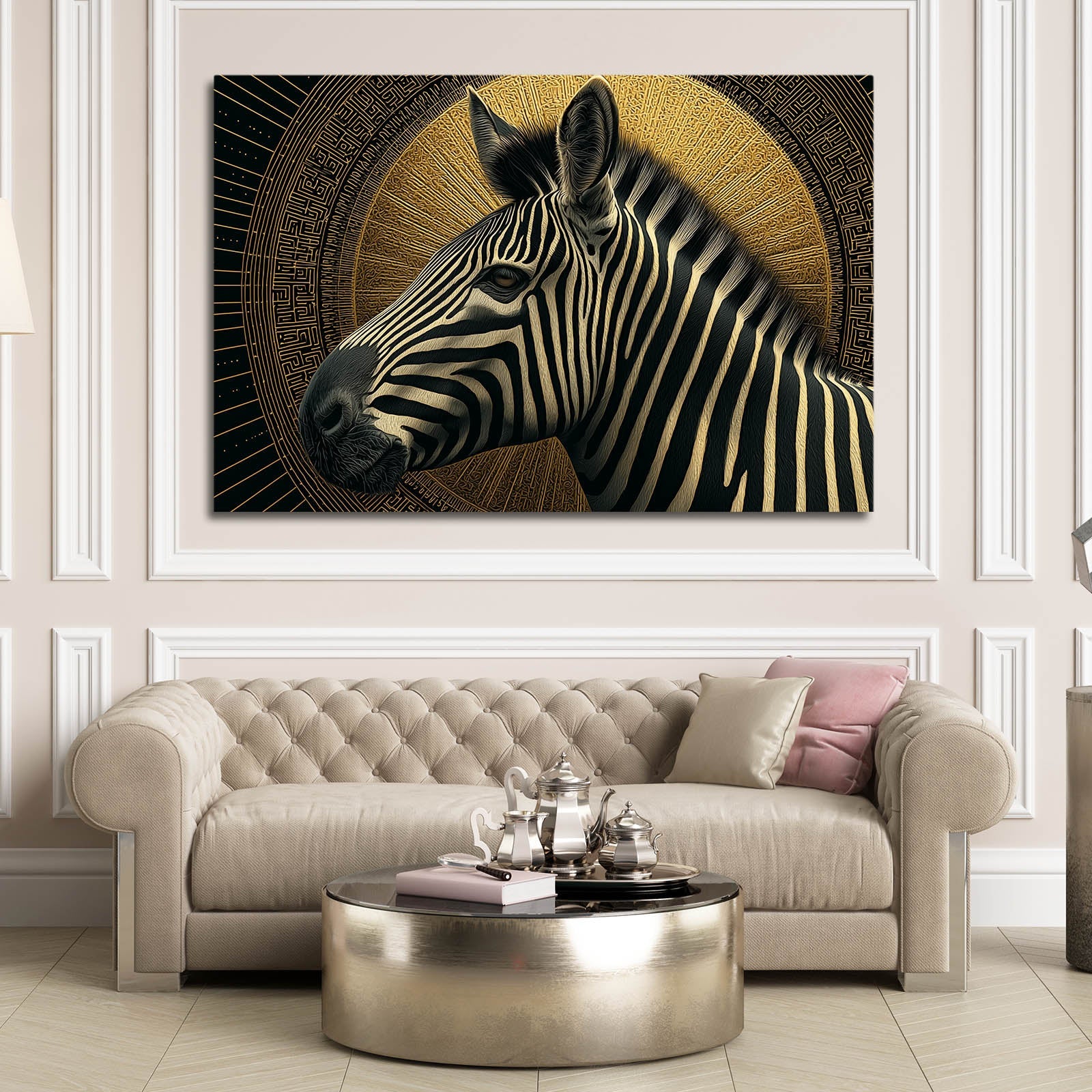 Gold Zebra Canvas Art – styled in a furnished interior