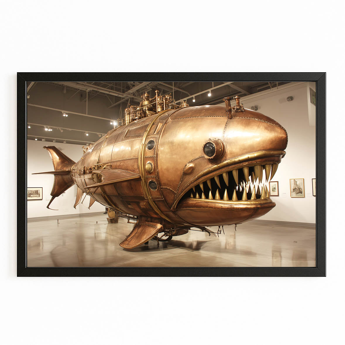 Golden Anglerfish Airship Steampunk Canvas – with Premium Black frame on white background