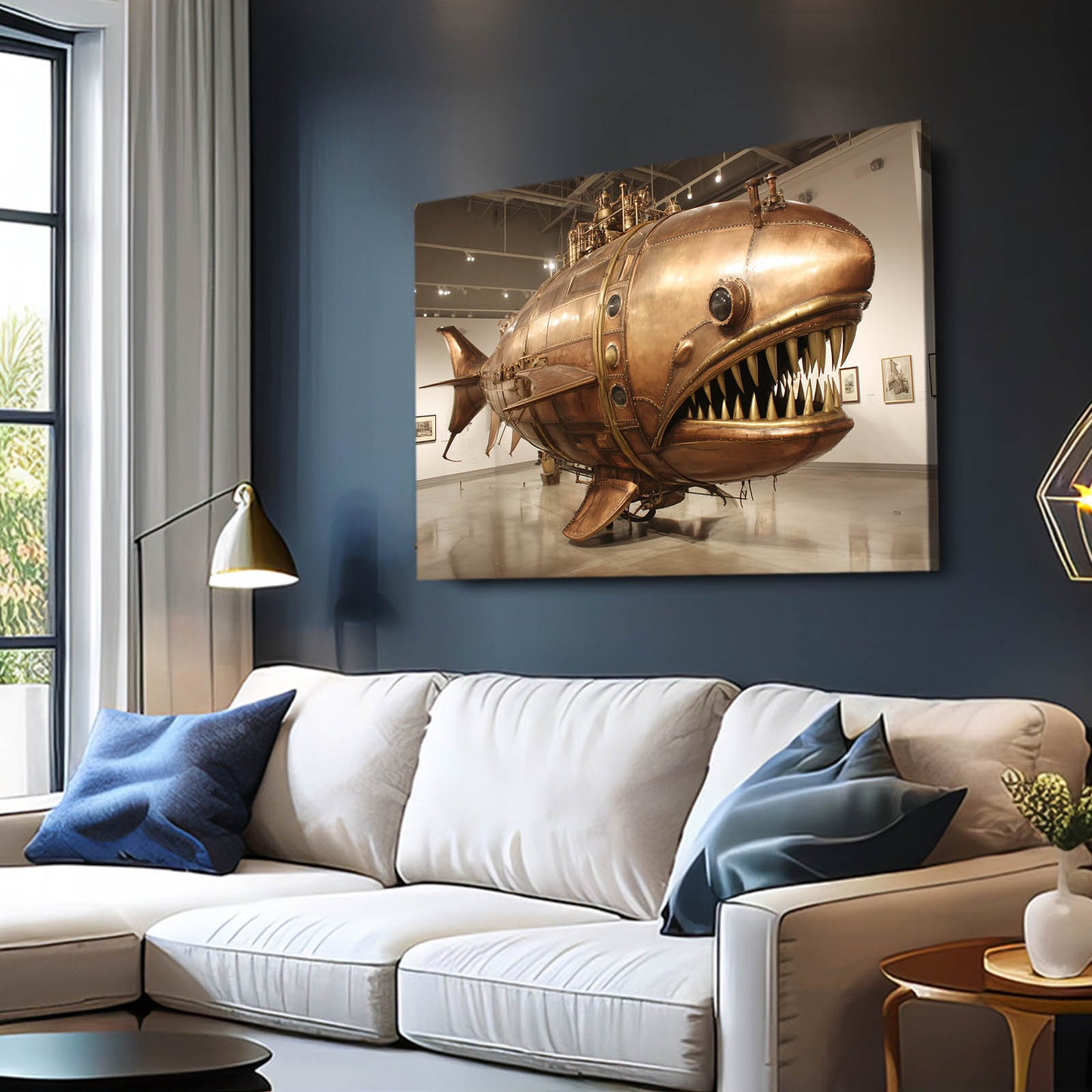 Golden Anglerfish Airship Steampunk Canvas – styled in a furnished interior