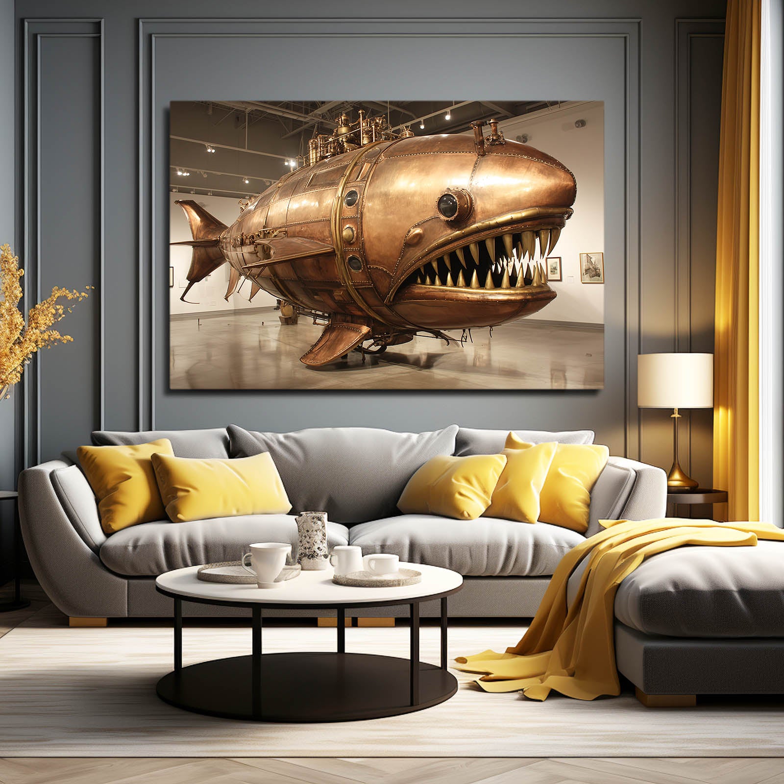 Golden Anglerfish Airship Steampunk Canvas – styled in a furnished interior