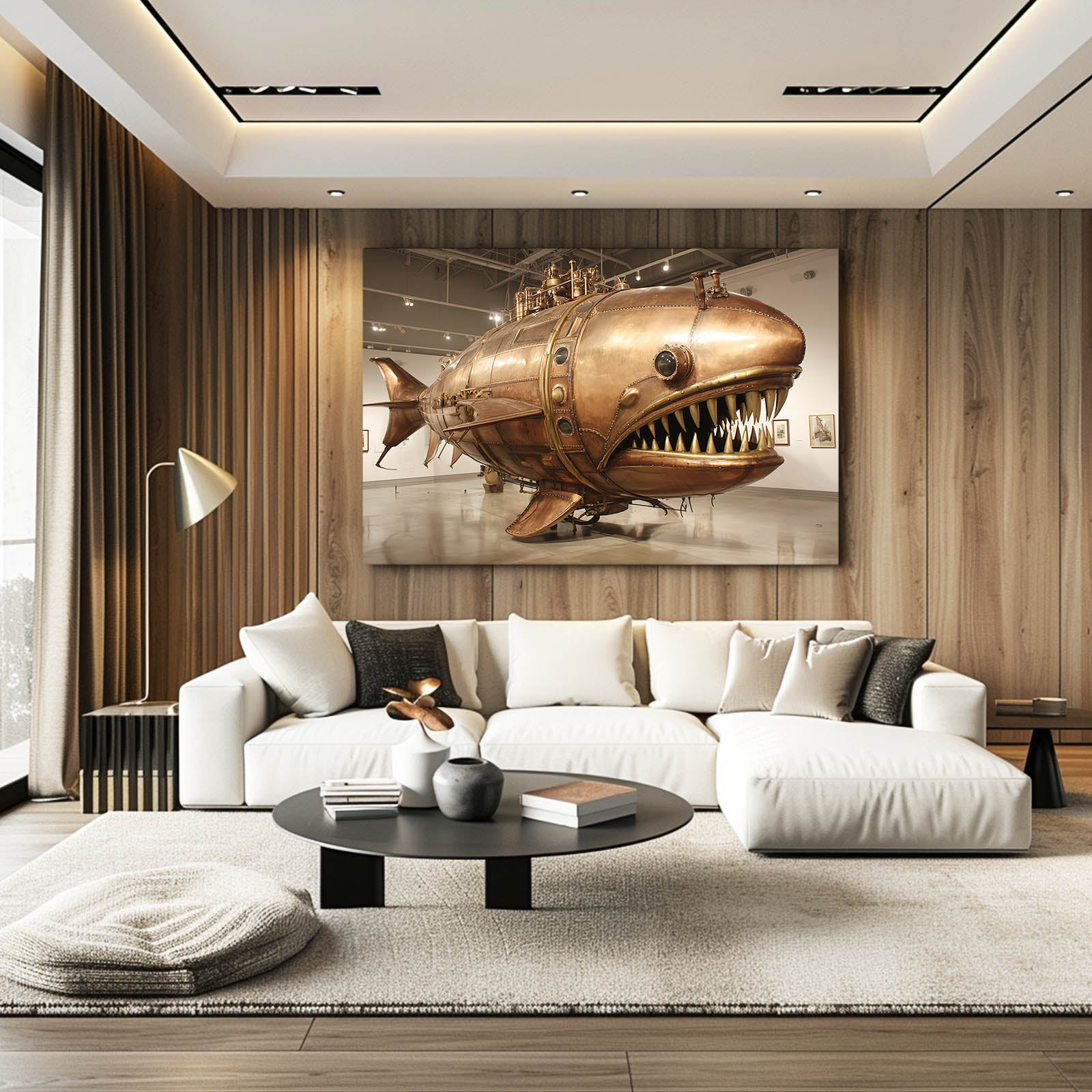 Golden Anglerfish Airship Steampunk Canvas – styled in a furnished interior