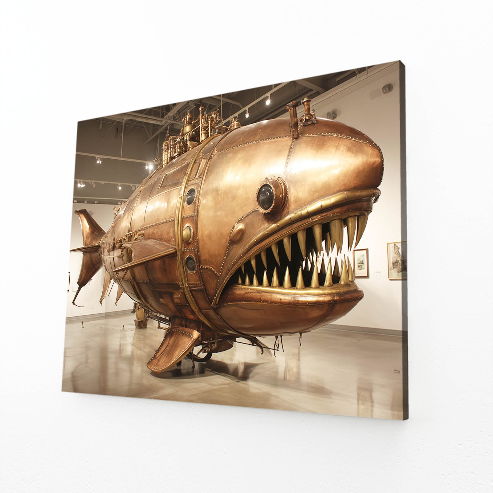 Golden Anglerfish Airship Steampunk Canvas – angled canvas view on white background