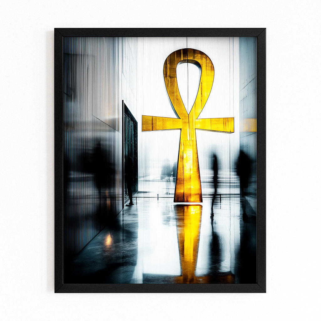 Golden Ankh Reflection Egyptian Art – with Premium Black frame on white background