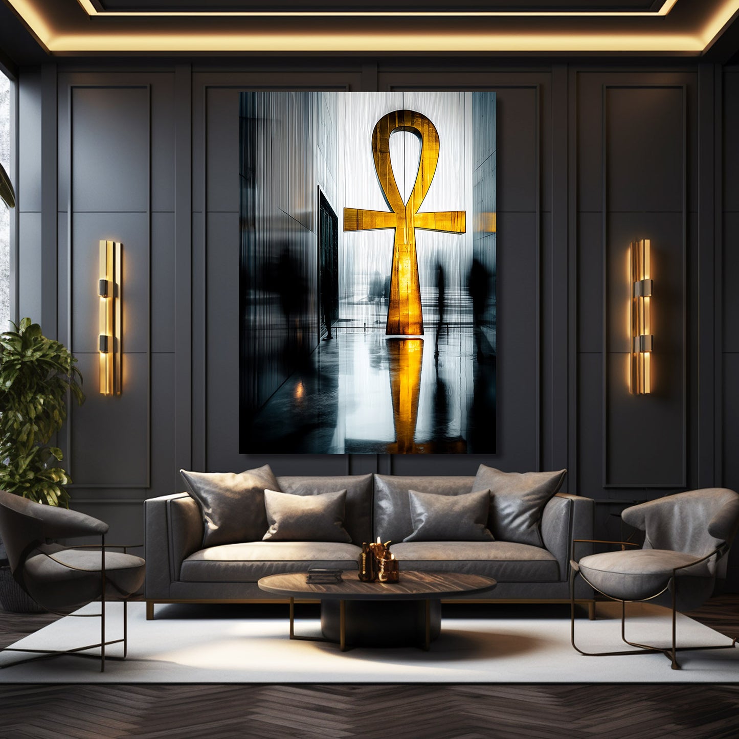 Golden Ankh Reflection Egyptian Art – styled in a furnished interior