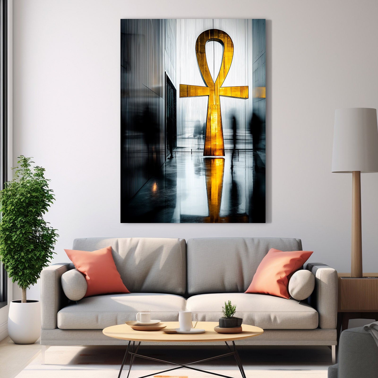 Golden Ankh Reflection Egyptian Art – styled in a furnished interior