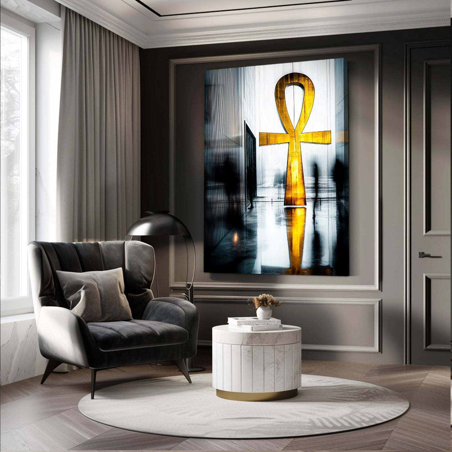Golden Ankh Reflection Egyptian Art – styled in a furnished interior