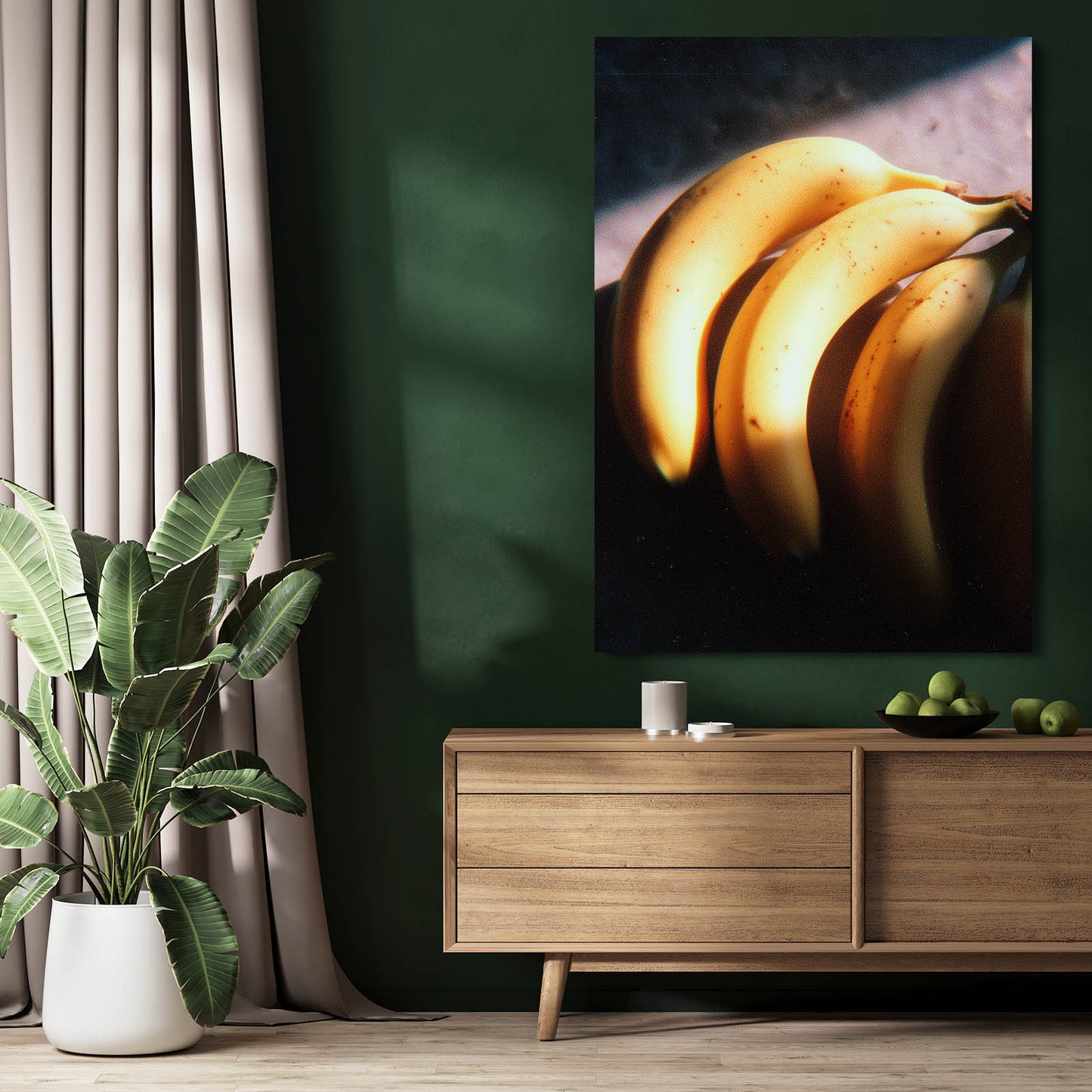Golden Banana Glow Fruit Wall Art – styled in a furnished interior