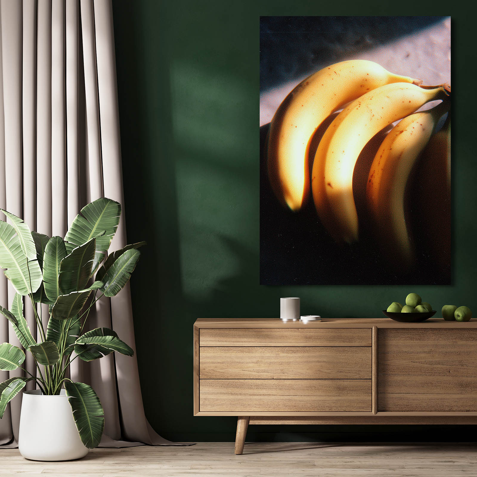 Golden Banana Glow Fruit Wall Art – styled in a furnished interior