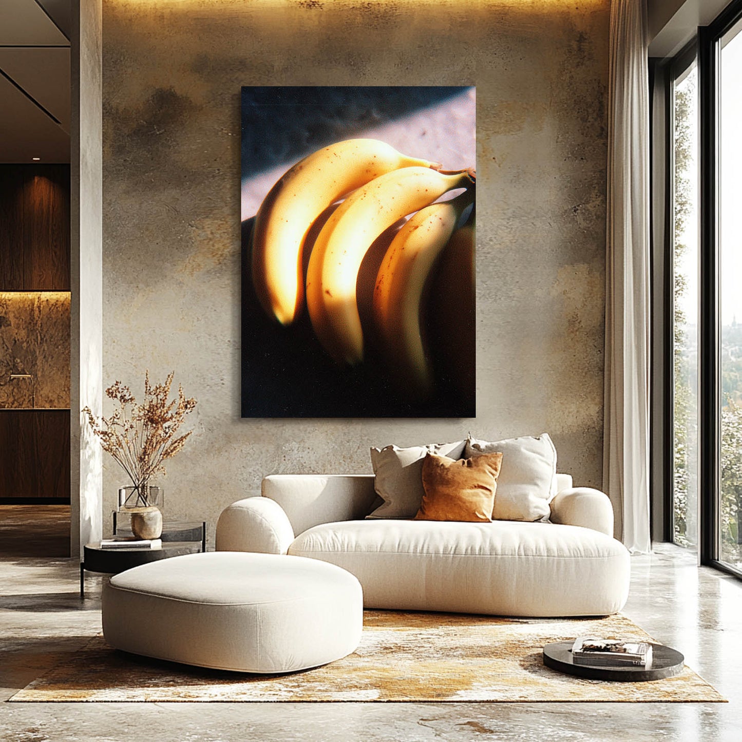 Golden Banana Glow Fruit Wall Art – styled in a furnished interior