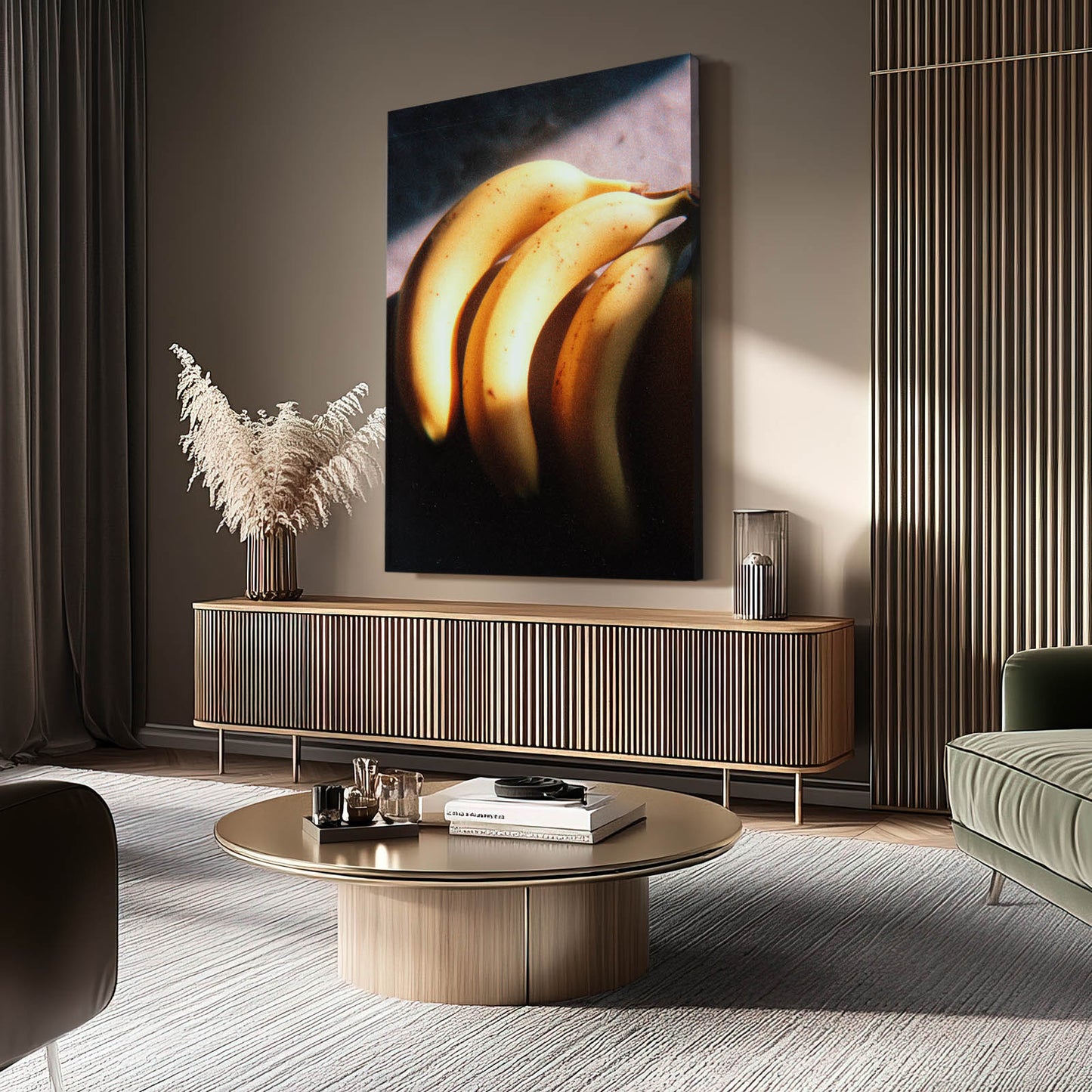 Golden Banana Glow Fruit Wall Art – styled in a furnished interior
