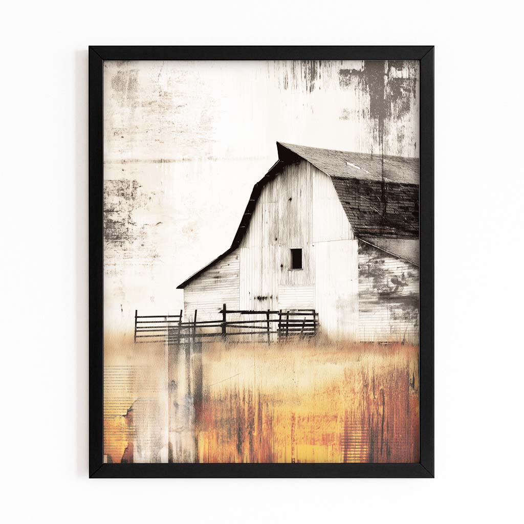 Golden Barn Rustic Farmhouse Art – with Premium Black frame on white background