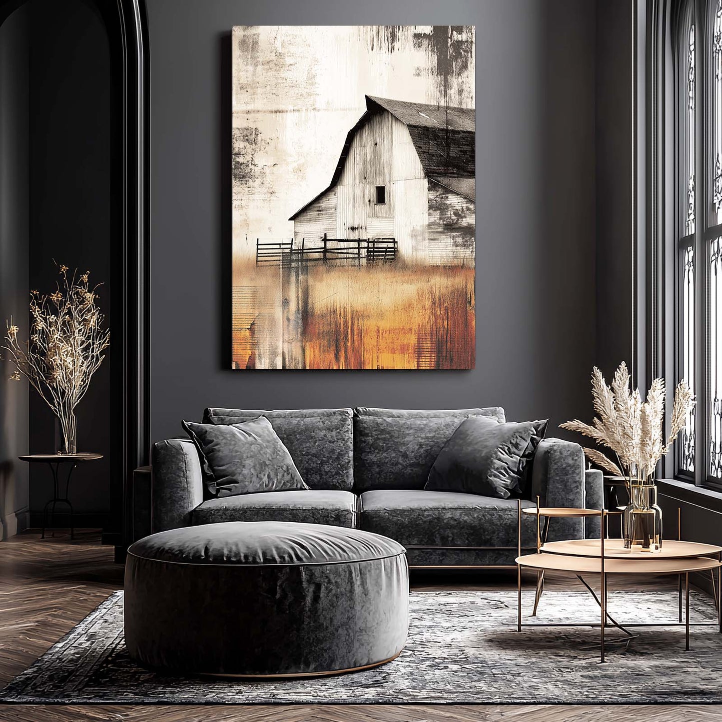 Golden Barn Rustic Farmhouse Art – styled in a furnished interior