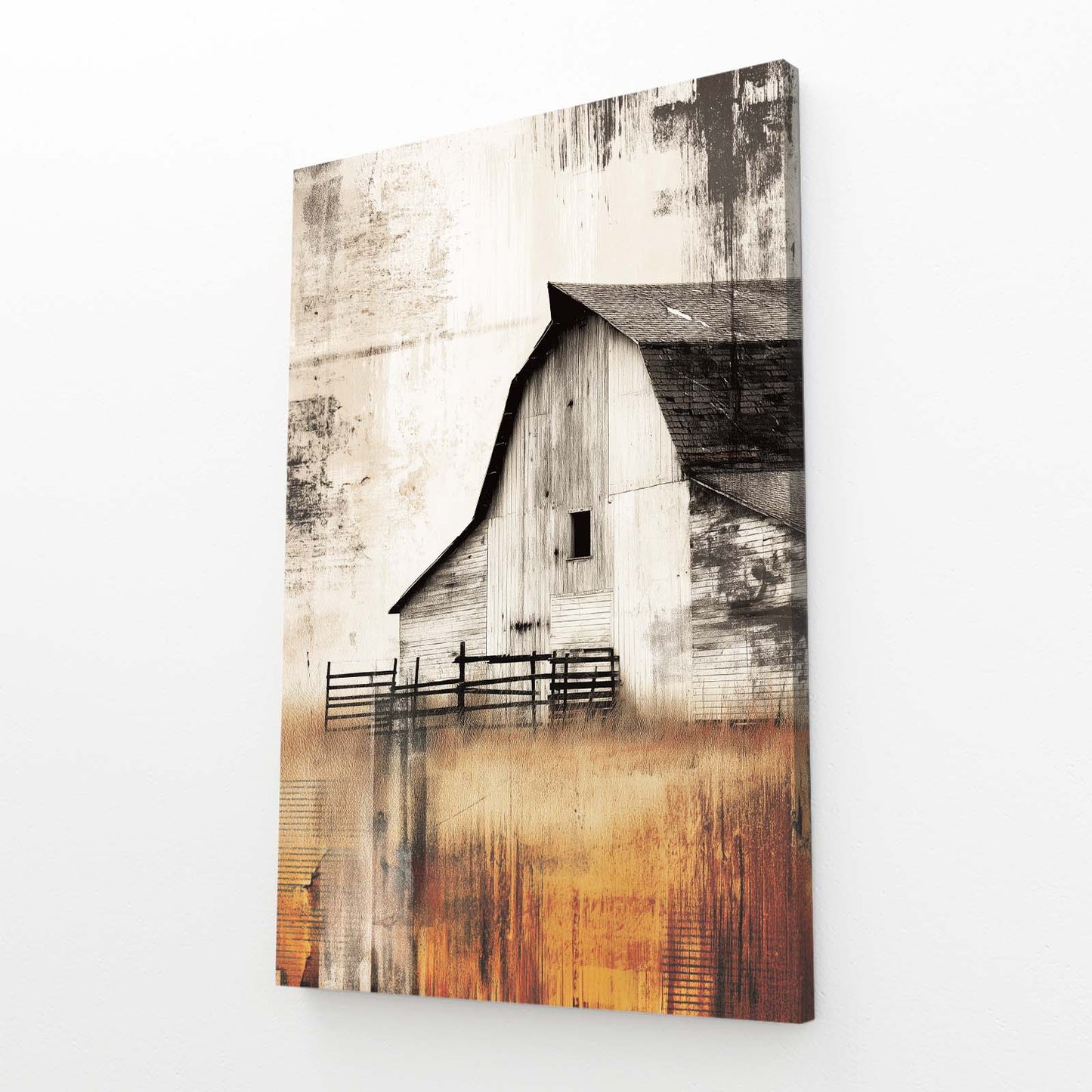 Golden Barn Rustic Farmhouse Art – angled canvas view on white background