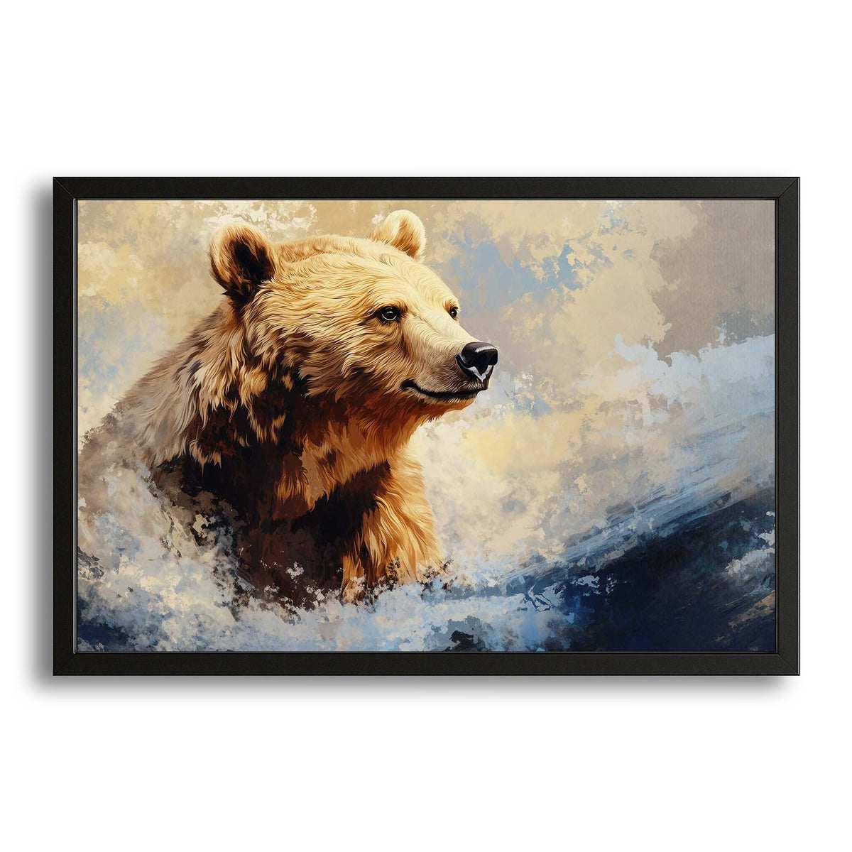 Golden Bear Art — contemporary canvas print in orange tones, with Premium Black frame on white background