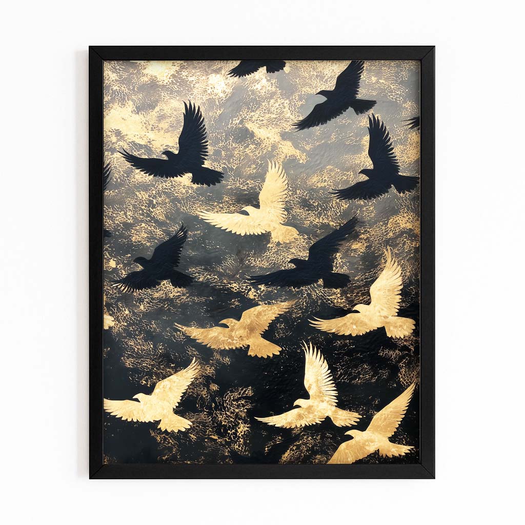 Golden Bird Flight Wall Decor – with Premium Black frame on white background