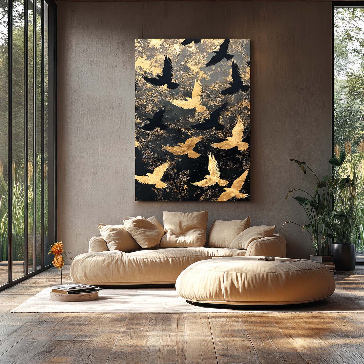 Golden Bird Flight Wall Decor – styled in a furnished interior