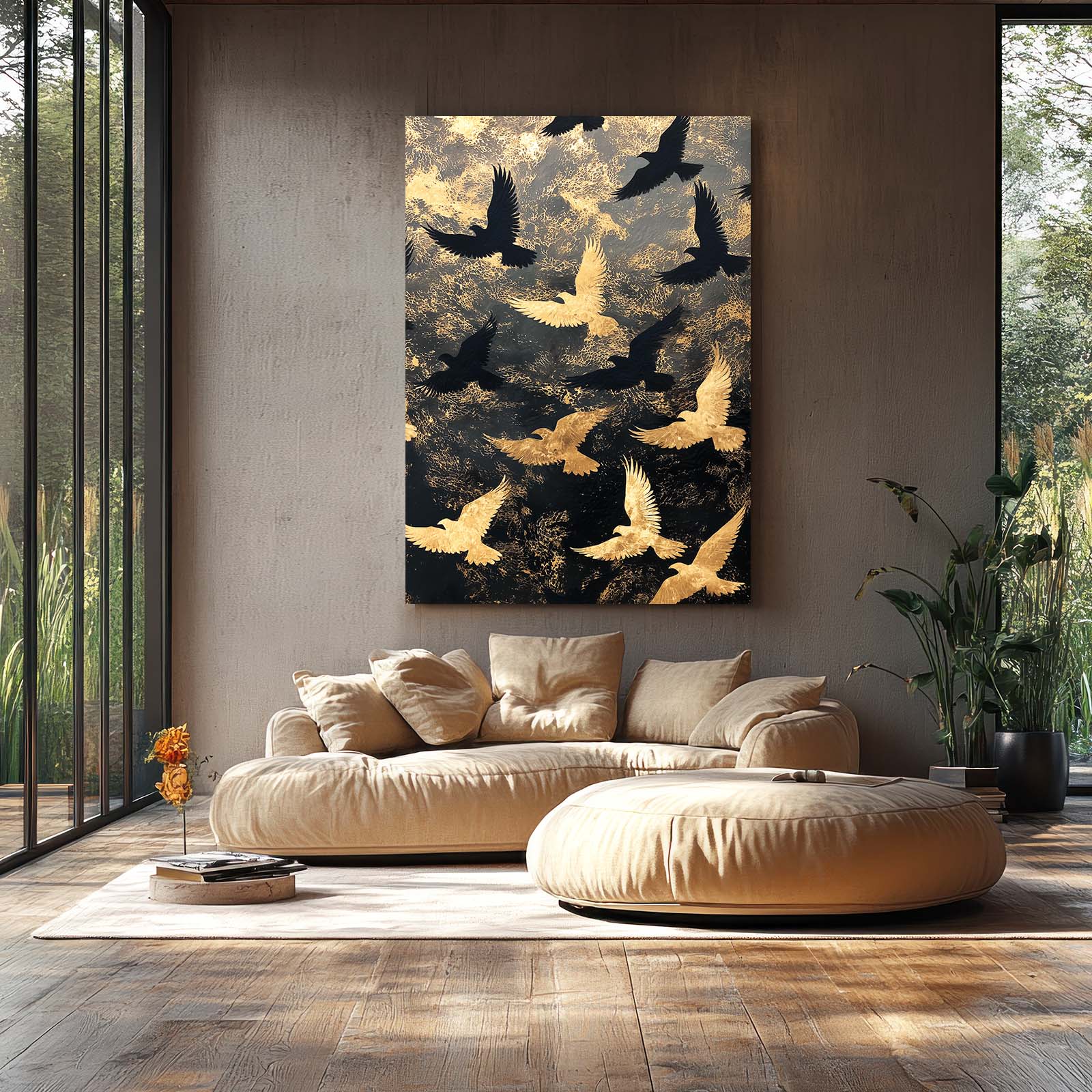 Golden Bird Flight Wall Decor – styled in a furnished interior